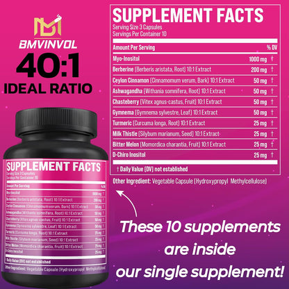 BMVINVOL Inositol Supplement - Myo-Inositol and D-Chiro Inositol Ideal 40:1 Ratio - Plus Berberine, Cinnamon, Ashwagandha + – Image 4