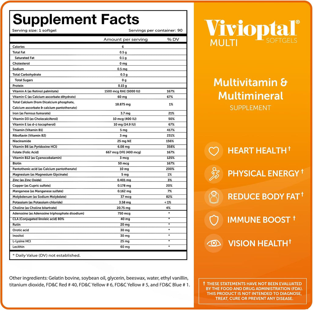 Vivioptal Multi, 90 Cápsulas Blandas, Multivitamínico y Multimineral, Sin Gluten, Fórmula Alemana