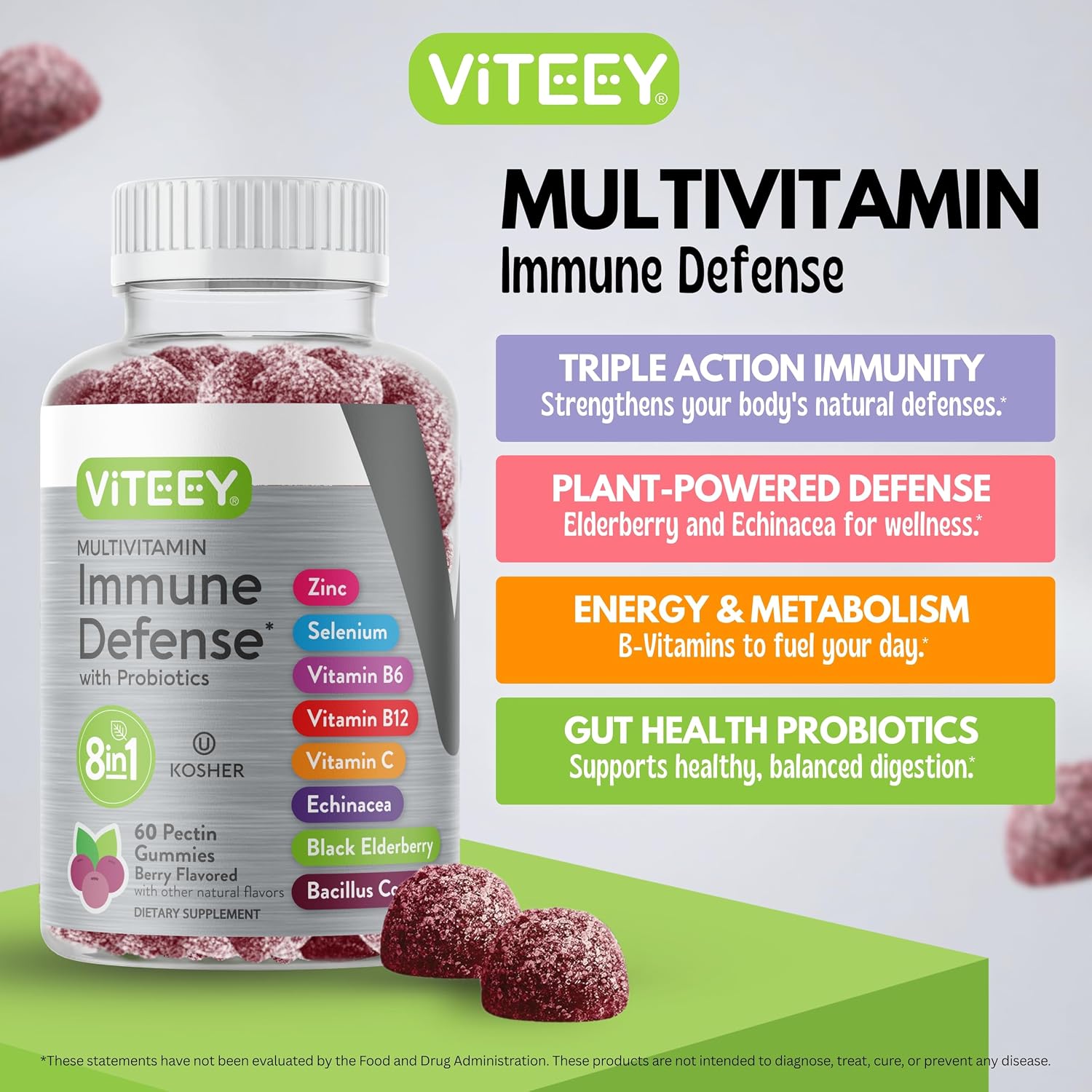 Viteey Multivitamin Gummies 8in1 Immune Support Supplement with Probiotics