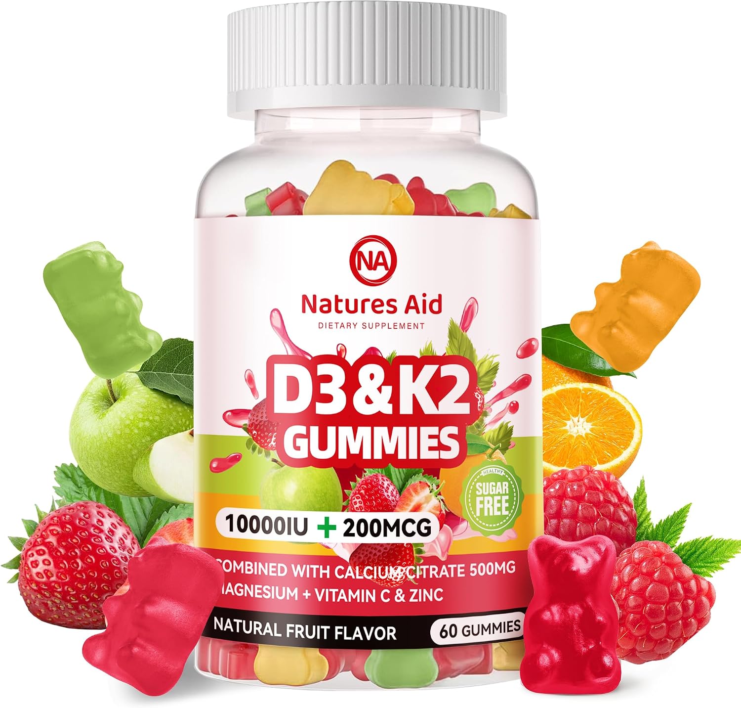 Natures Aid Gominolas de Vitamina D3 y K2 sin Azúcar con Calcio, Magnesio, Vitamina C y Zinc - 60 Gominolas Veganas