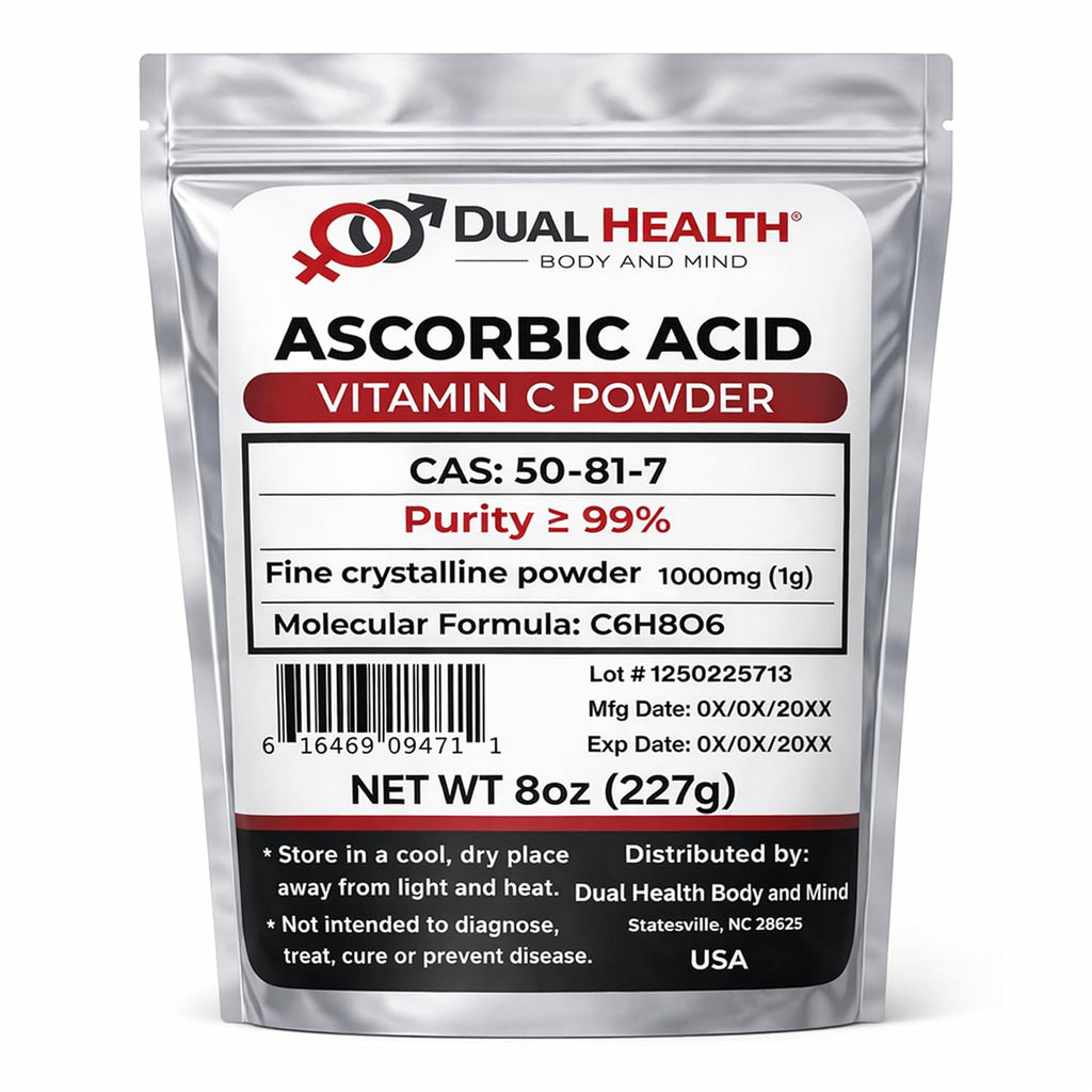 Dual Health Ácido Ascórbico Puro en Polvo – L-Ácido Ascórbico en Cristales Finos – Ingrediente Cosmético – 227 g