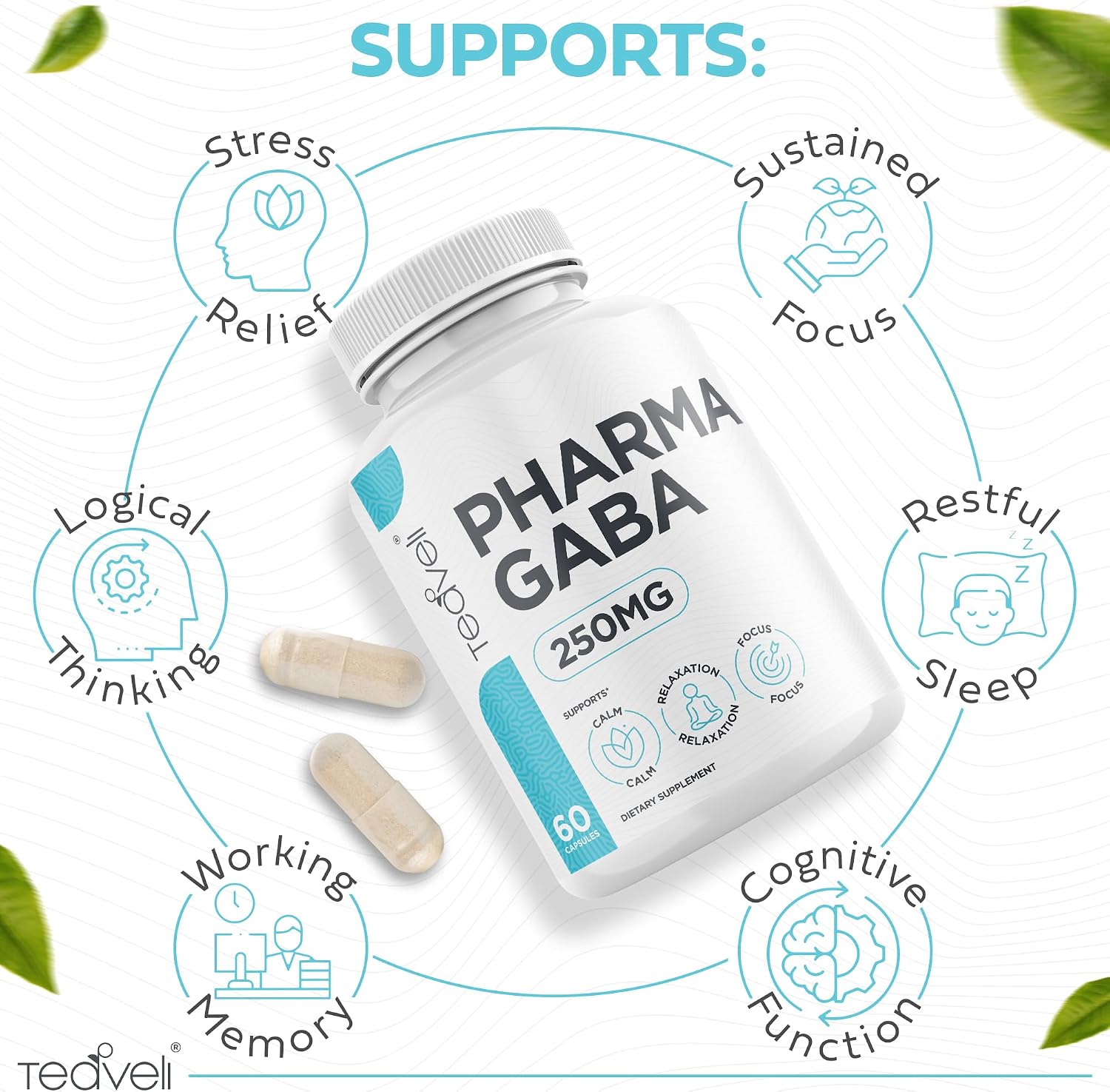 Teaveli Pharma GABA 250mg - Suplemento de GABA de Alta Absorción - 60 Cápsulas