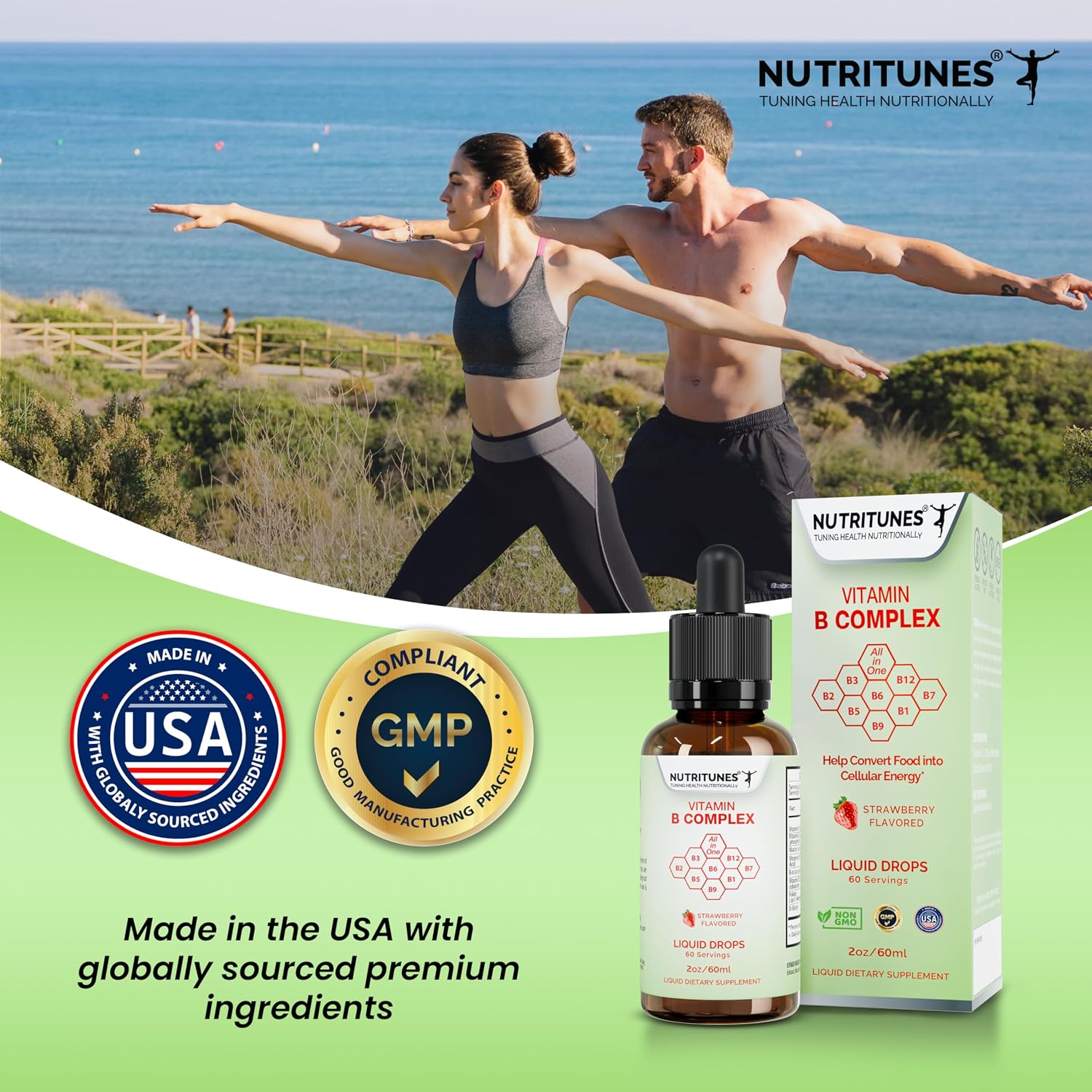 Complejo B Líquido de Alta Potencia – Gotas Completas de Vitaminas B – Sabor Fresa, Sin Azúcar, No GMO – 60 Porciones (60 ml)
