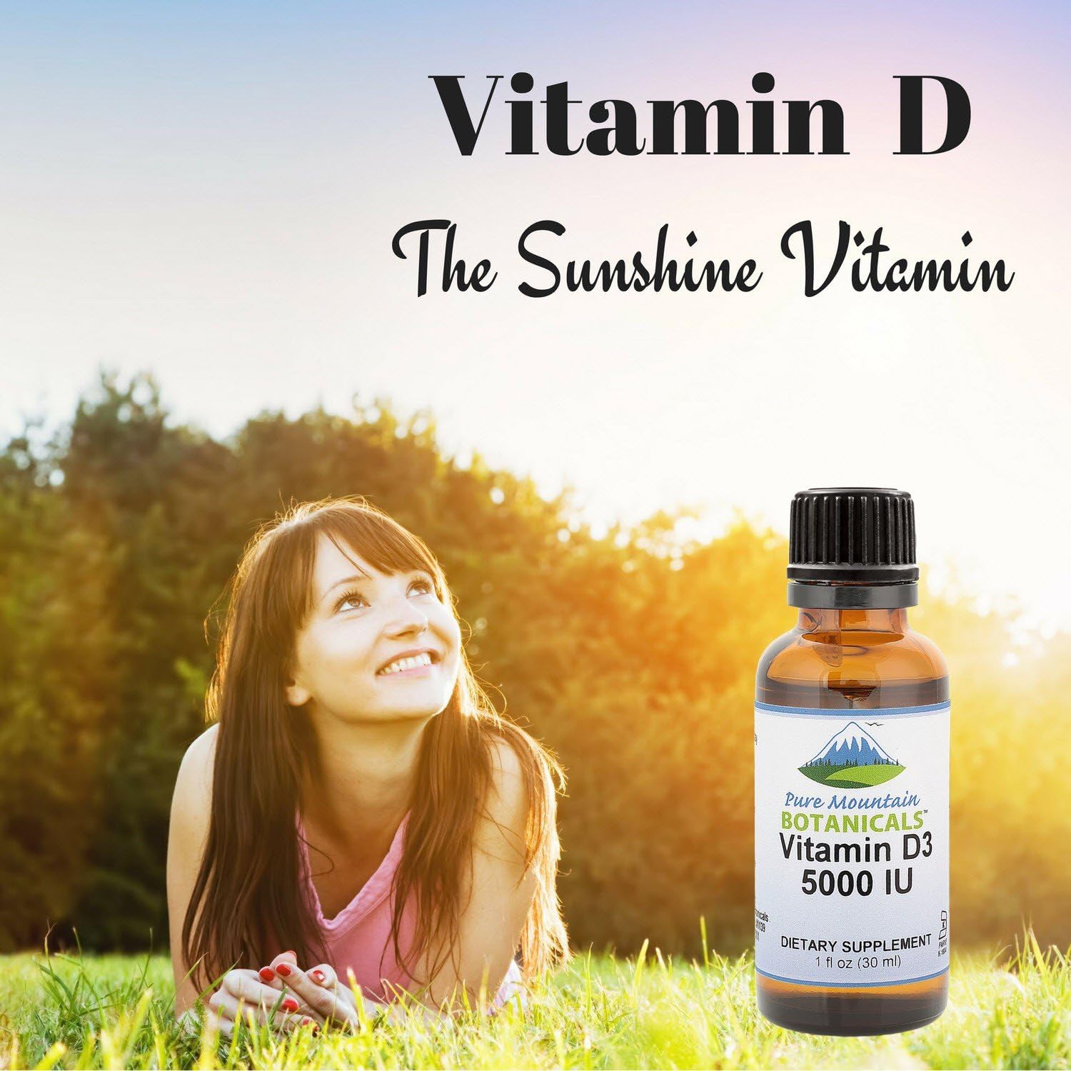 Pure Mountain Botanicals Vitamina D3 5000 UI Gotas Líquidas - Sin Sabor, Aceite MCT, 177 Dosis