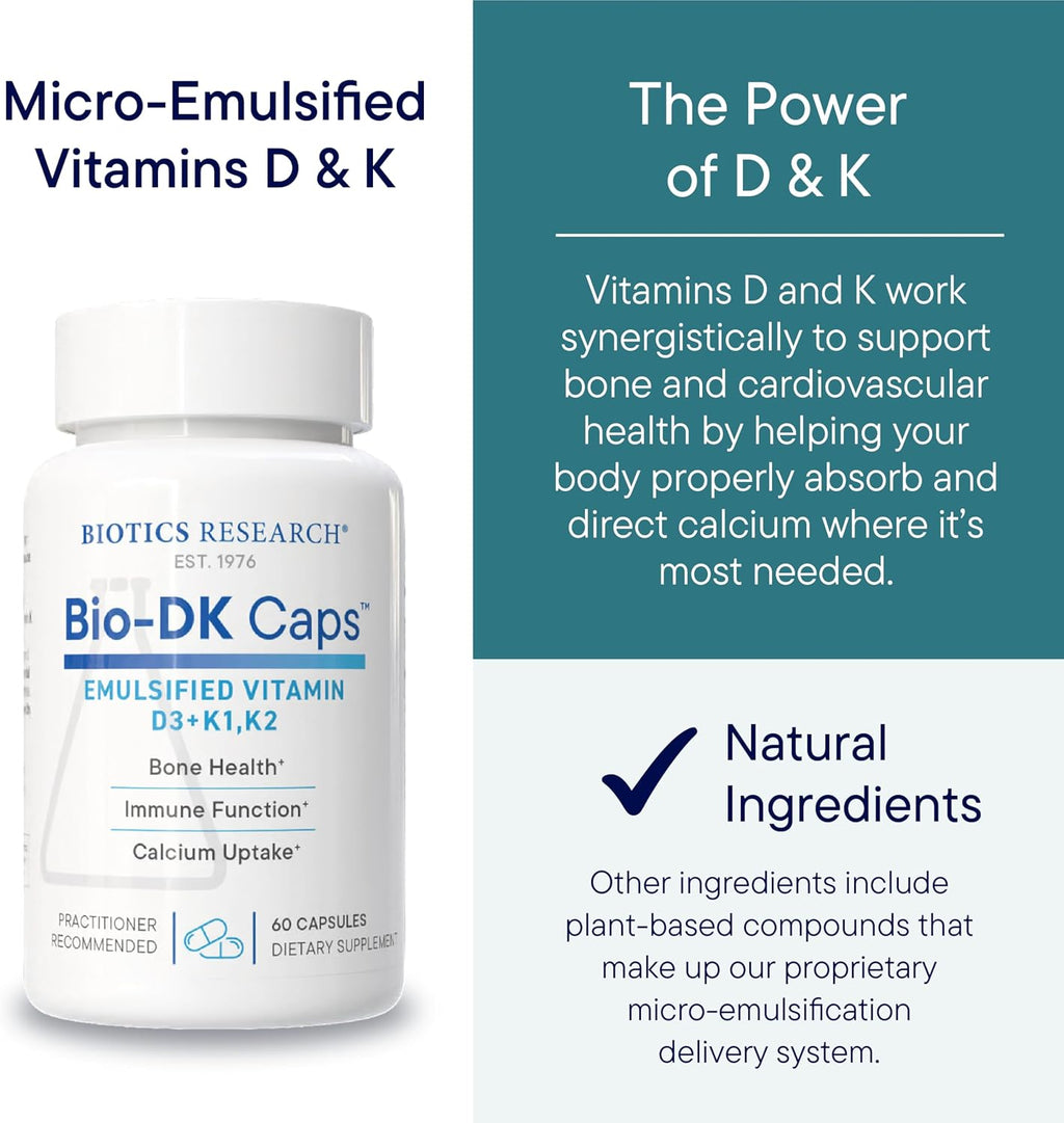 BIOTICS RESEARCH Bio-DK Caps – Vitamina D3 y K2 Emulsificada (60 Cápsulas)
