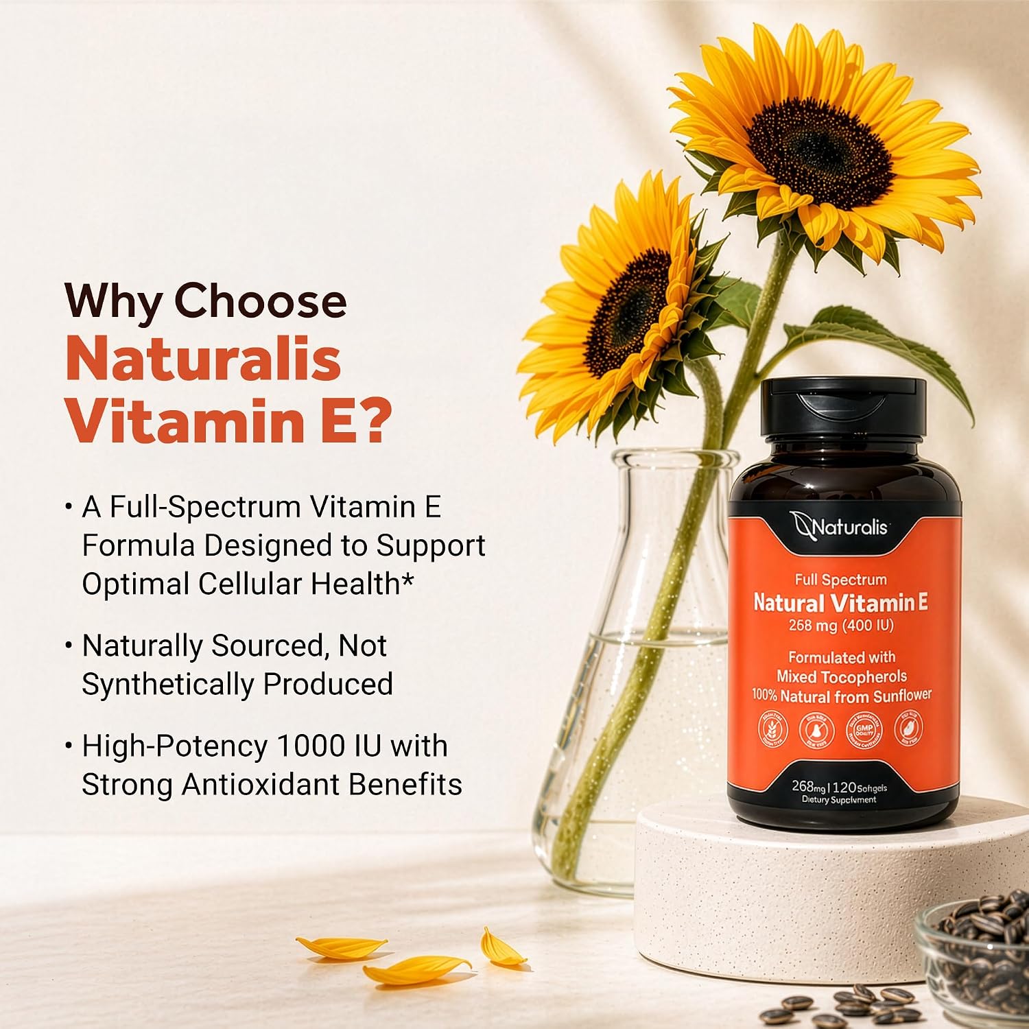 Naturalis Sunflower Vitamin E 670mg (1000 IU) with Mixed Tocopherols | Essential Skin Vitamin & Immune Support | Non-GMO, Soy & Gluten Free | 120 Softgels