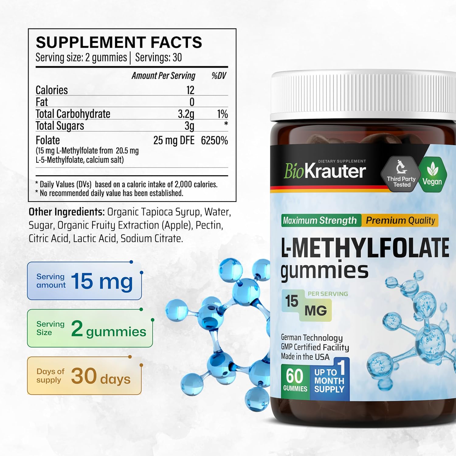 BIO KRAUTER® Gominolas de L-Metilfolato 15 mg - 60 Gominolas Veganas