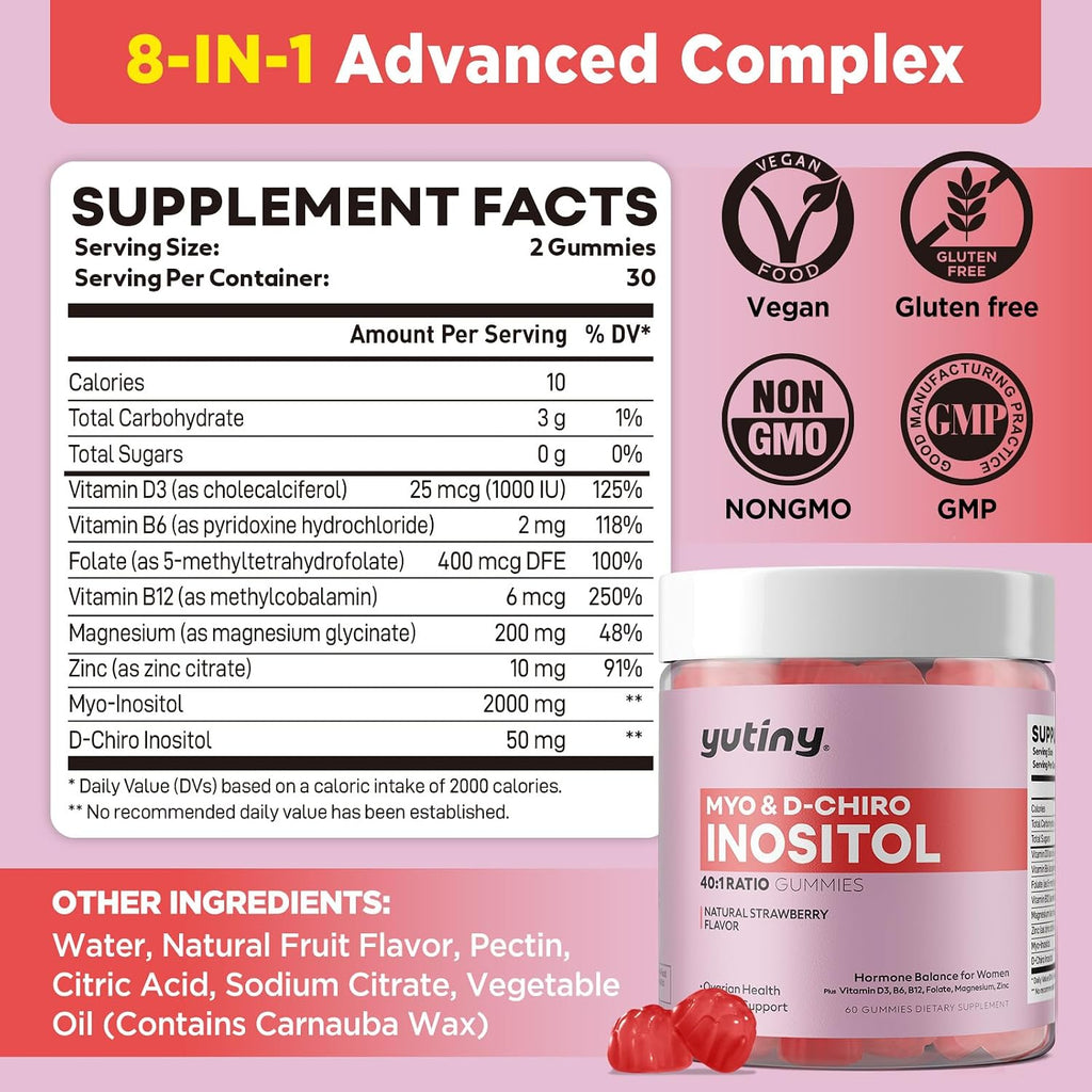 Myo-Inositol & D-Chiro Inositol Gomitas - Vitaminas B6, B12 y Folato - 60 Unidades