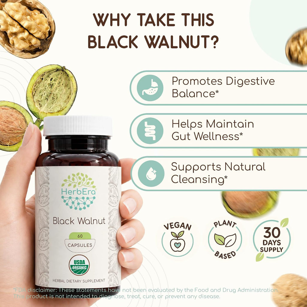 HerbEra Black Walnut 500 mg | Cápsulas Veganas Orgánicas USDA | Apoyo Digestivo y Antioxidante