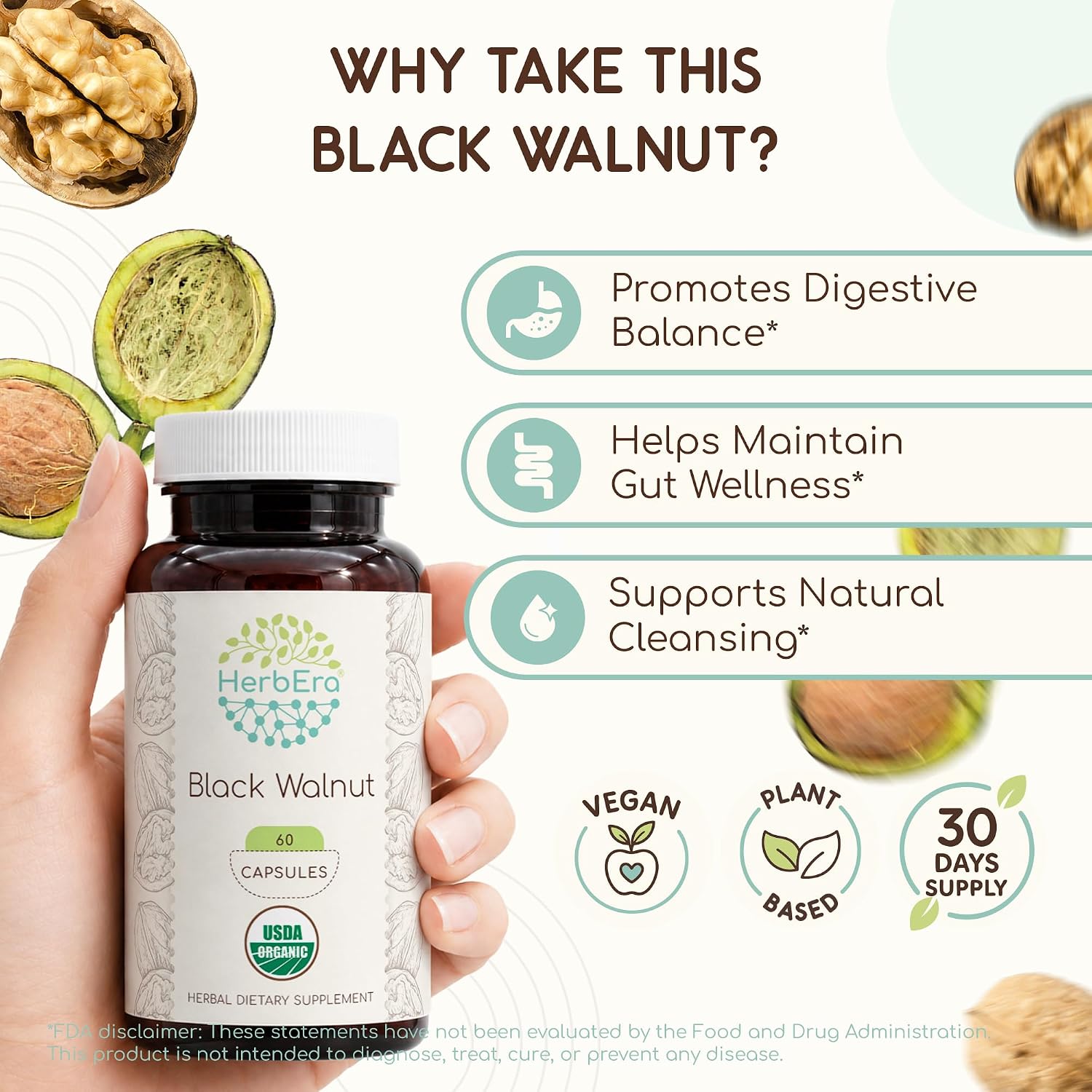 HerbEra Black Walnut 500 mg | Cápsulas Veganas Orgánicas USDA | Apoyo Digestivo y Antioxidante