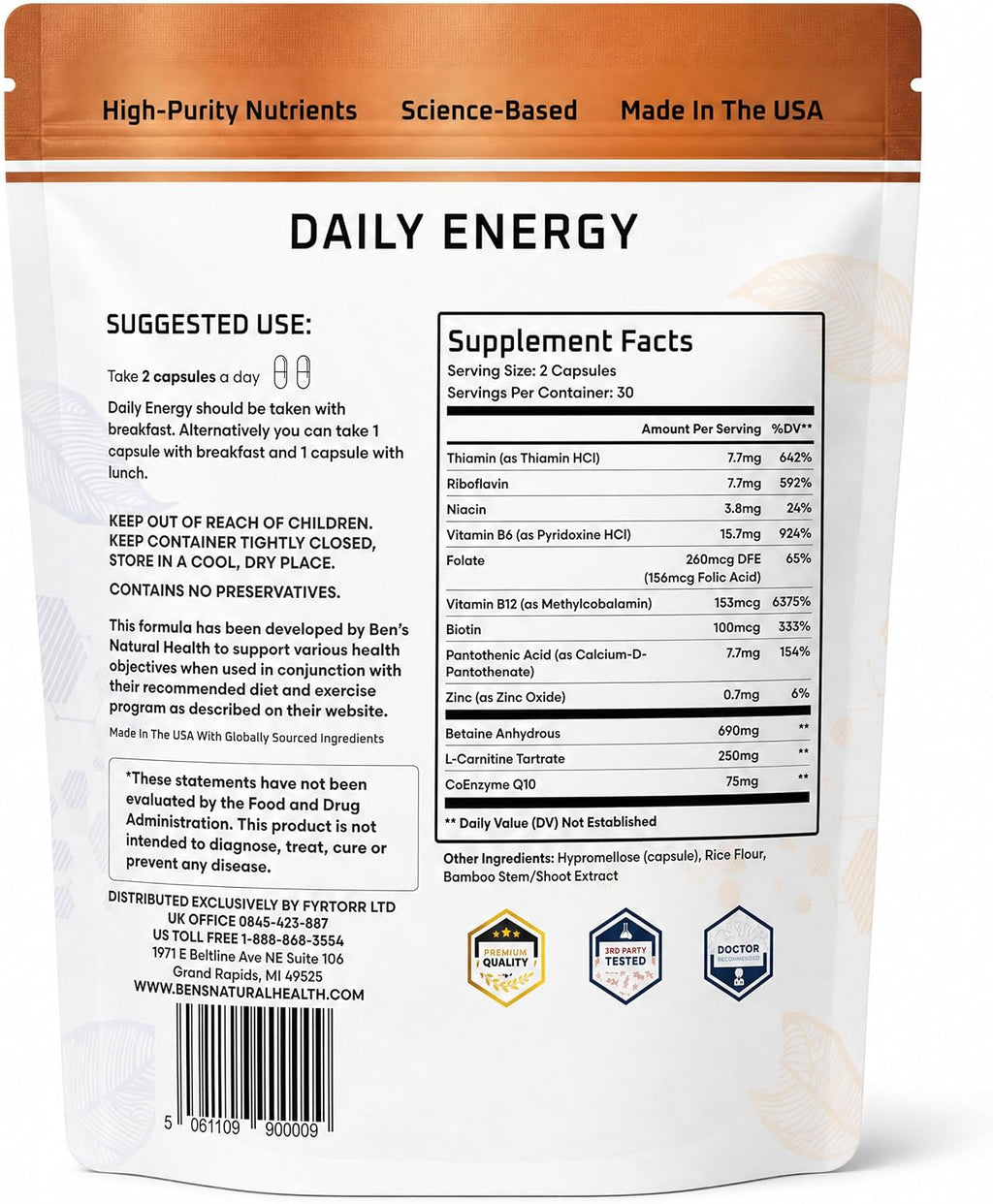 Ben's Natural Health Daily Energy con Vitaminas B y CoQ10 - 60 Cápsulas