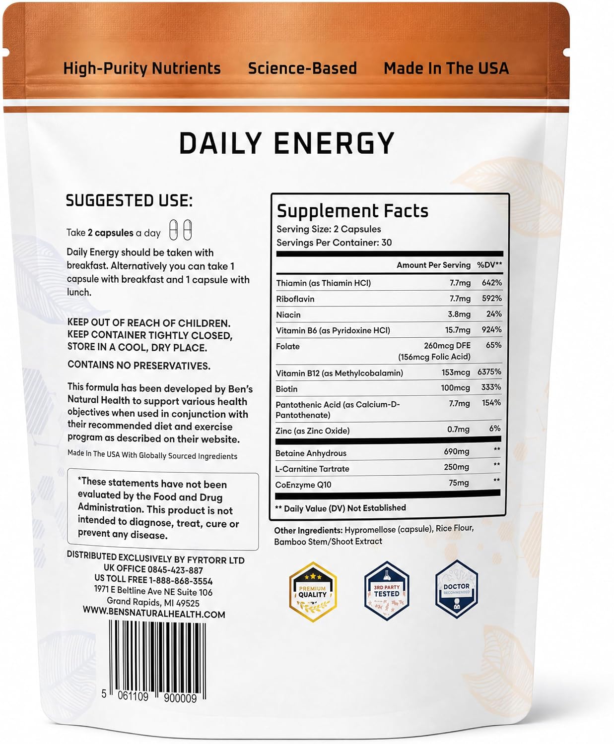 Ben's Natural Health Daily Energy con Vitaminas B y CoQ10 - 60 Cápsulas