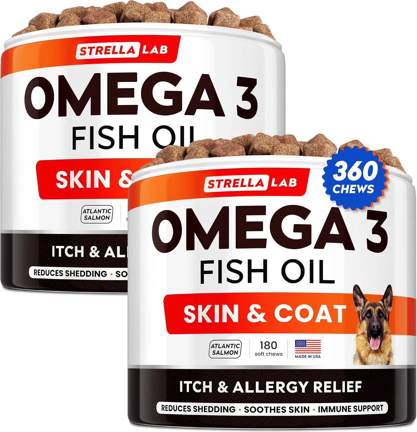 StrellaLab Omega 3 para Perros - 540 Golosinas de Aceite de Salmón - Complemento para Piel y Pelaje - Alivio del Picor y Anti-caída - Sabor a Hígado de Pollo