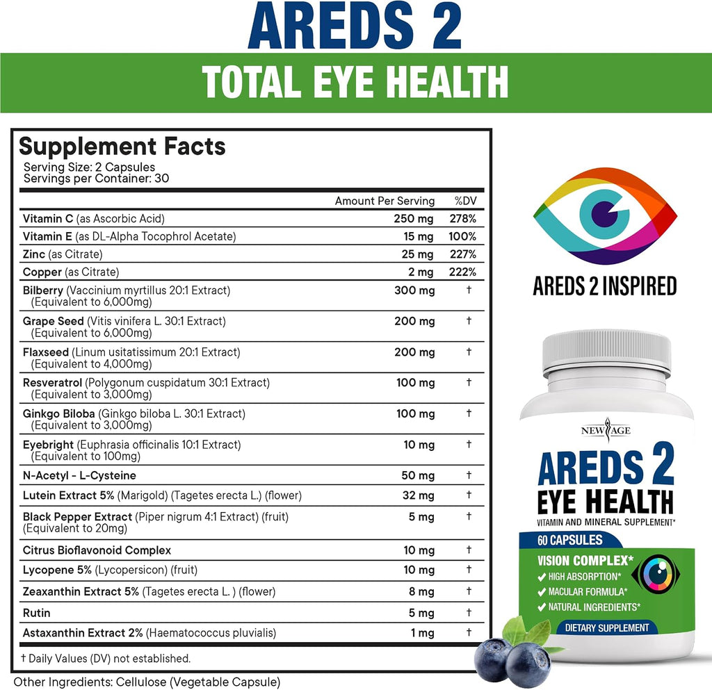NEW AGE AREDS 2 Eye Vitamin - Luteína, Zeaxantina, Arándano, Semilla de Uva y Eufrasia - 120 Cápsulas