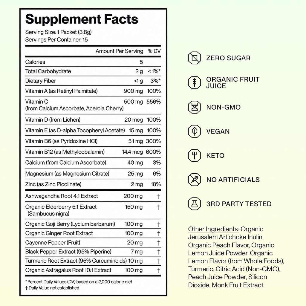Feel Goods Immunity+ - Mezcla de apoyo inmunológico con vitamina C, hierbas orgánicas y adaptógenos - 15 sobres sabor Limonada de Melocotón