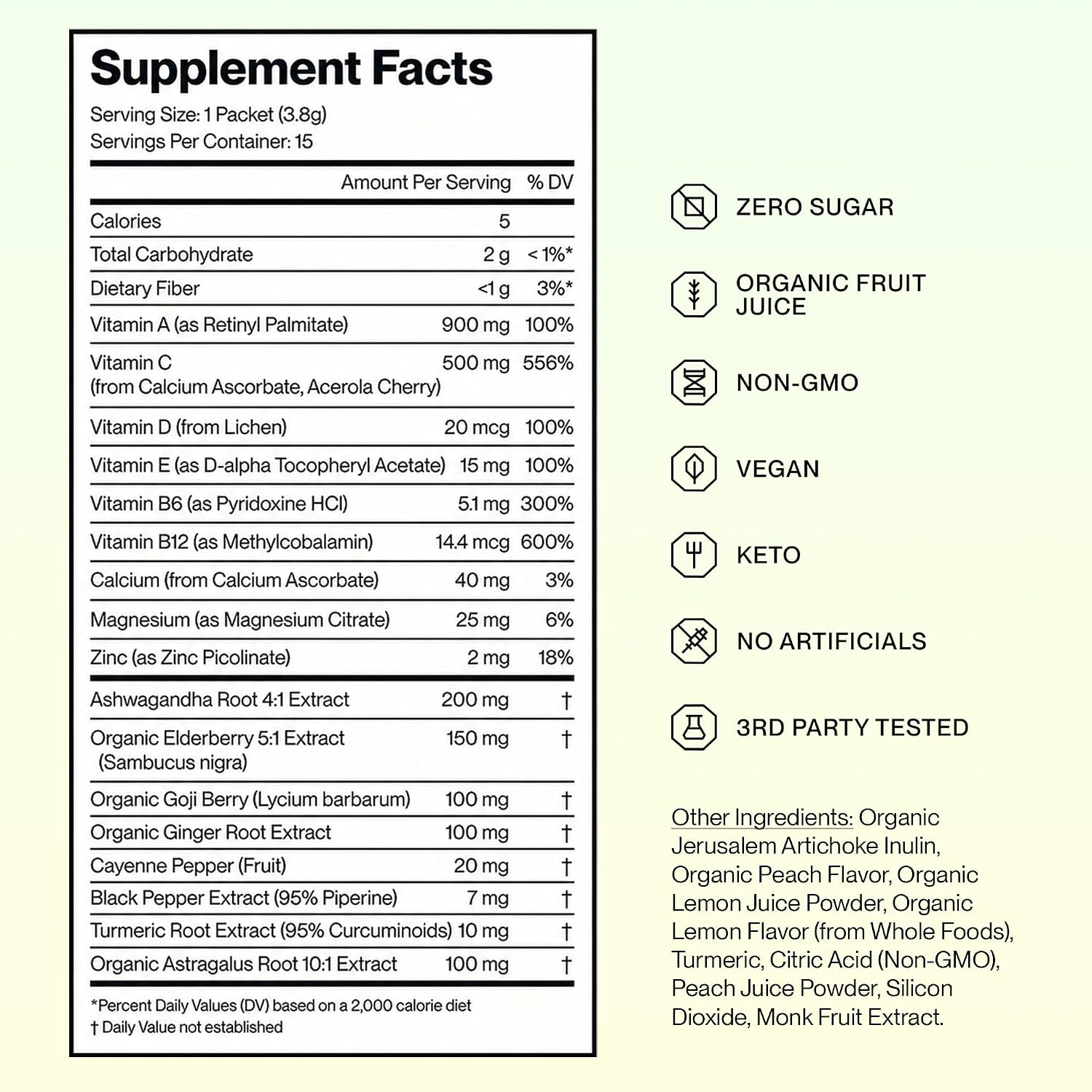 Feel Goods Immunity+ - Mezcla de apoyo inmunológico con vitamina C, hierbas orgánicas y adaptógenos - 15 sobres sabor Limonada de Melocotón