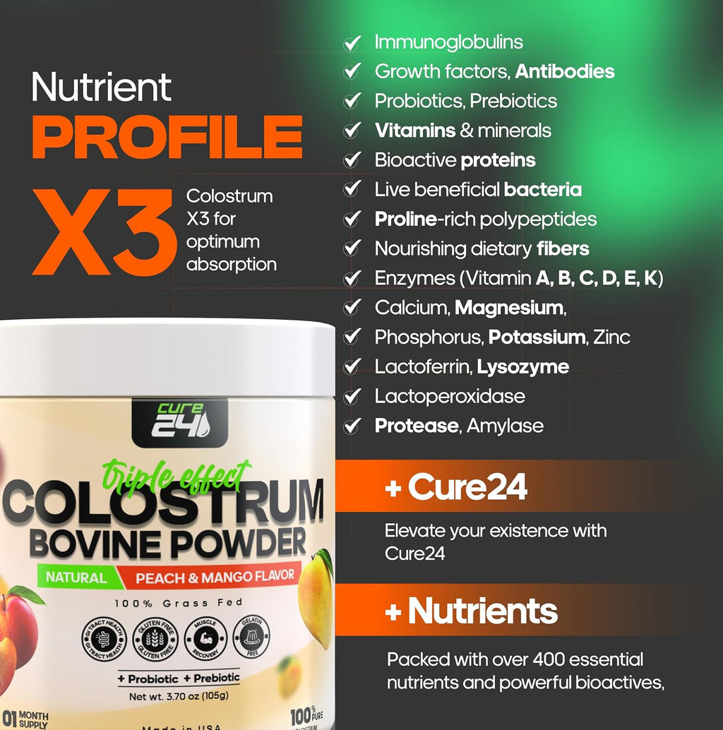 Cure24 Bovine Colostrum X3 - Calostro Bovino en Polvo, Sabor Melocotón Mango, 100% Puro y Natural