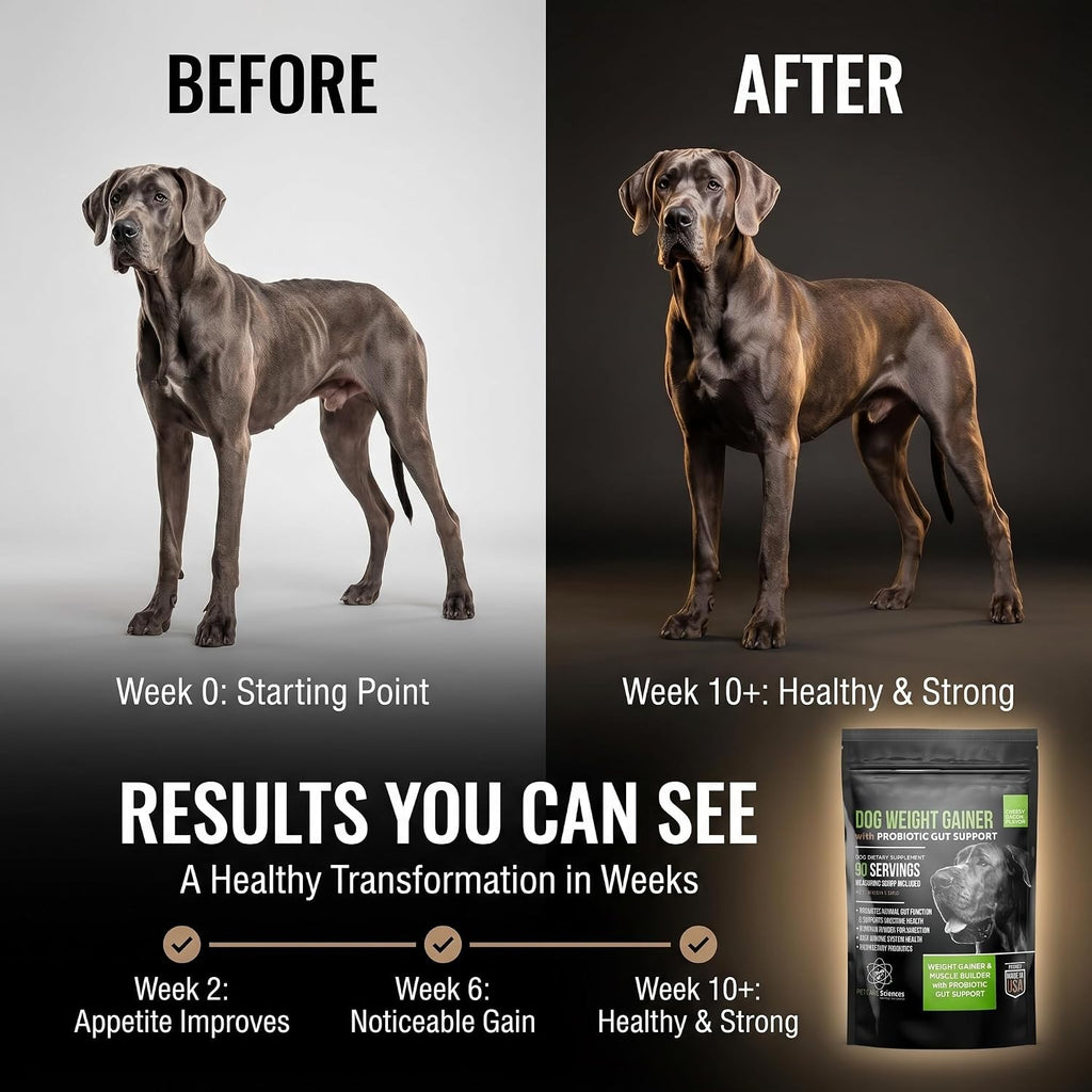 Dog Weight Gainer con Probióticos - Suplemento para Ganar Peso y Músculo en Perros - 90 Dosis - Sabor Queso y Bacon