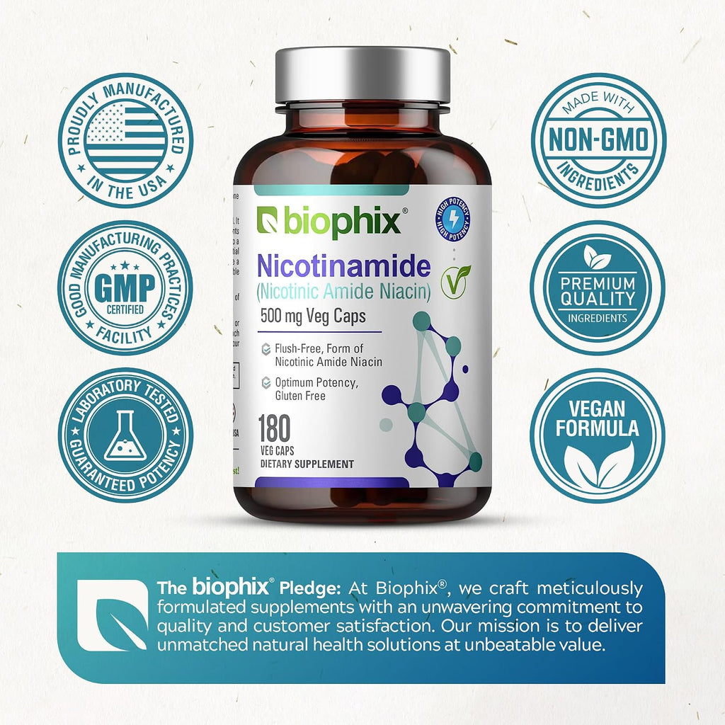 biophix B-3 Nicotinamida 500 mg 180 cápsulas - Fórmula de vitamina B3 sin enrojecimiento