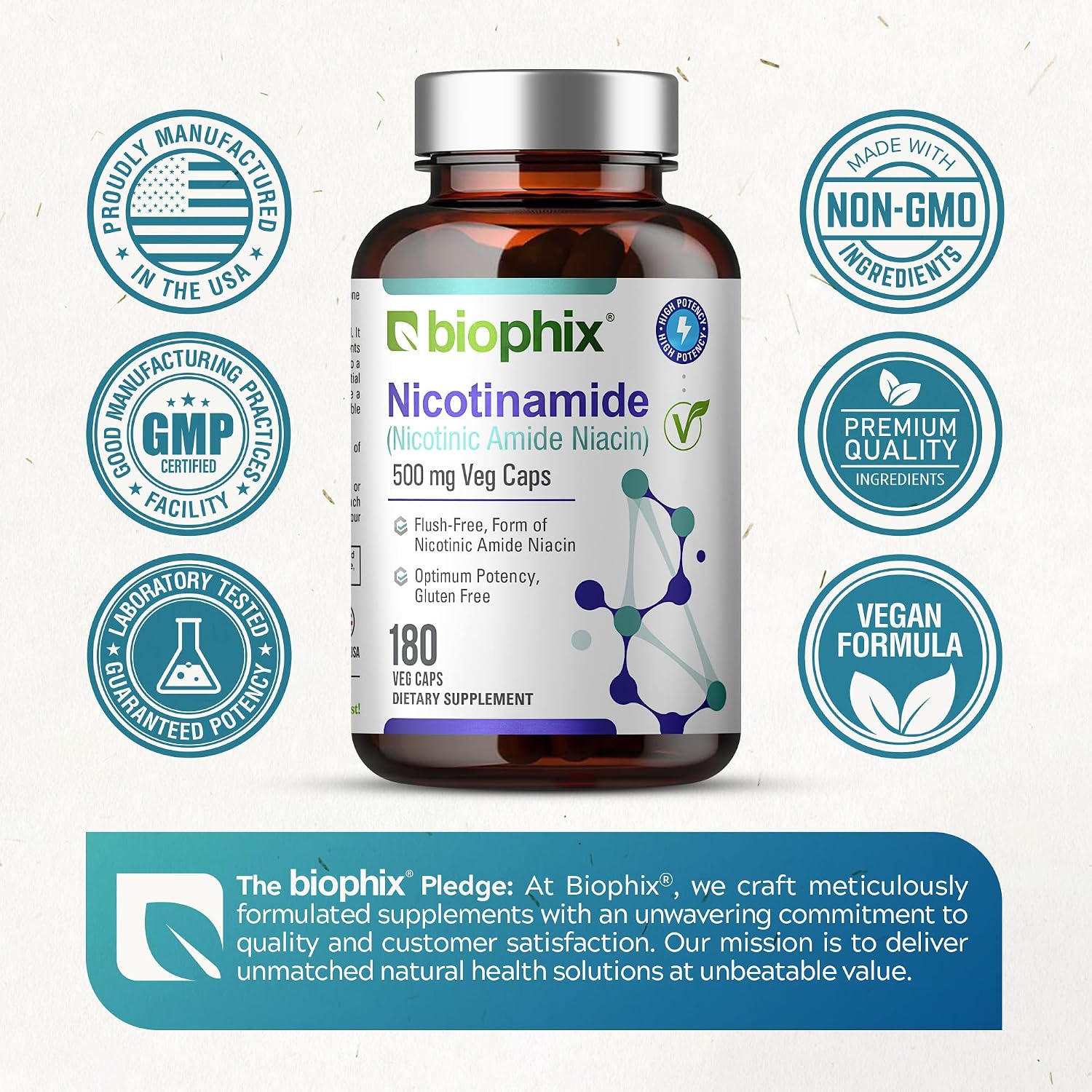 biophix B-3 Nicotinamida 500 mg 180 cápsulas - Fórmula de vitamina B3 sin enrojecimiento