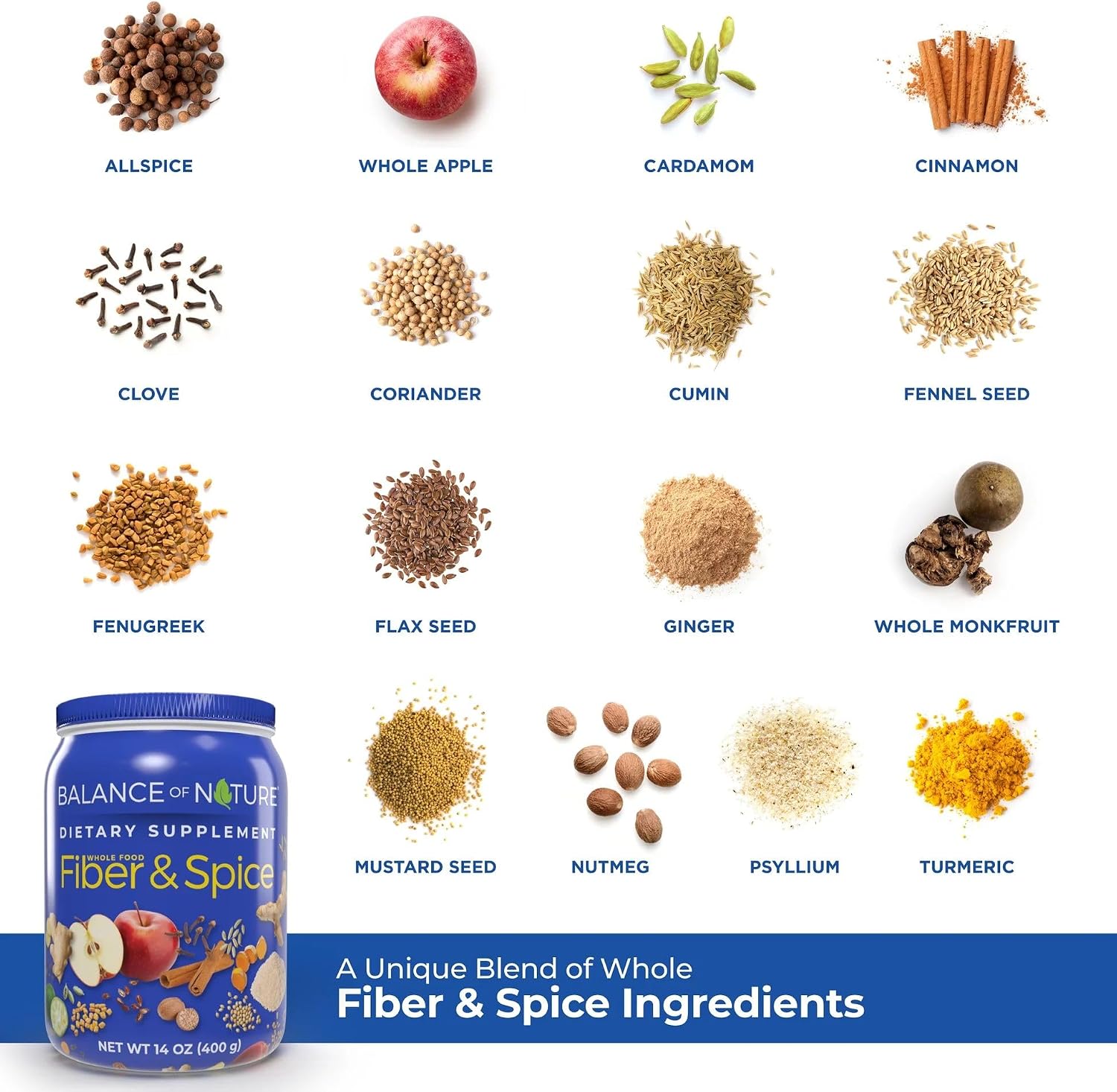 Balance of Nature Fiber & Spice - Cáscara de Psyllium, Semilla de Lino, Cúrcuma y Manzana - 30 Dosis