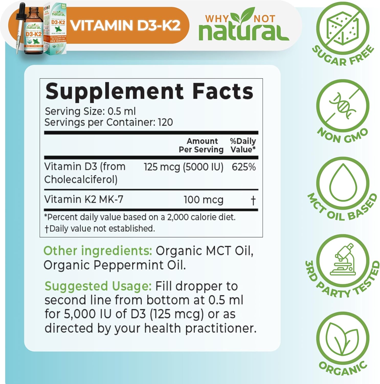 Why Not Natural Vitamina D3 K2 (MK-7) Gotas Líquidas, 5000 UI con Aceite MCT de Coco