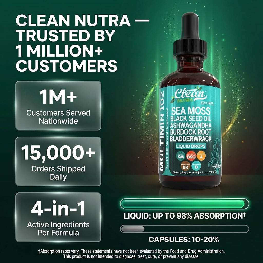 Clean Nutra Organic Sea Moss Drops - Multimineral Líquido con Ashwagandha y Aceite de Nigella