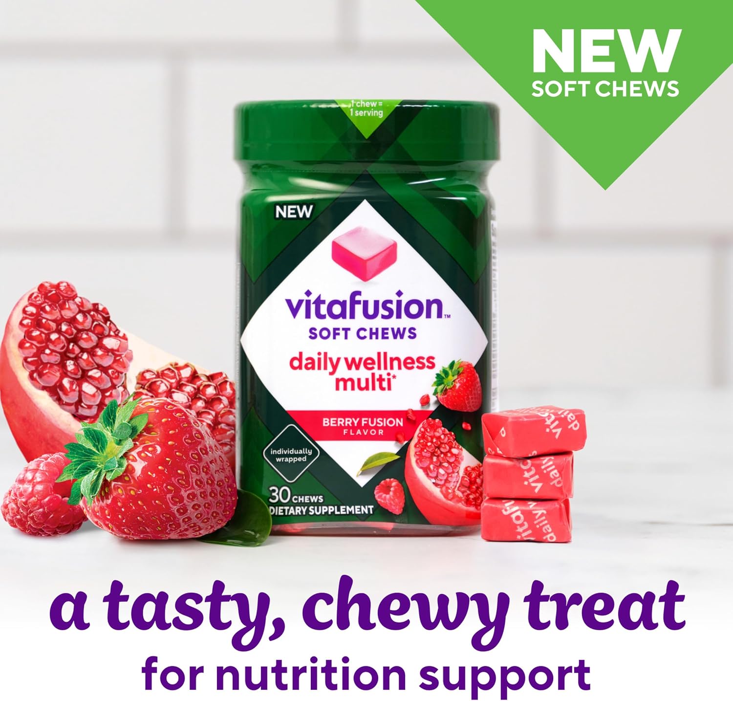 Vitafusion Soft Chews Daily Wellness Multi - Multivitamínico Masticable para Adultos, Envueltos Individualmente, Sabor Berry Fusion, 30 Chews (30 Días)