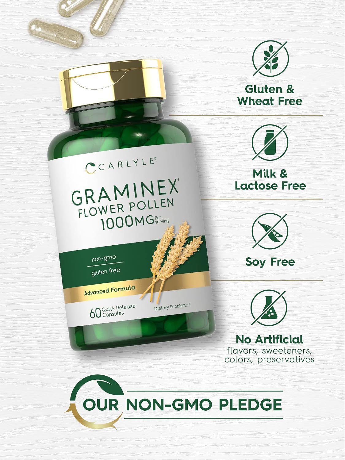 Carlyle Extracto de Polen de Flores Graminex | 1000 mg | 60 Cápsulas | Sin Gluten y No OGM
