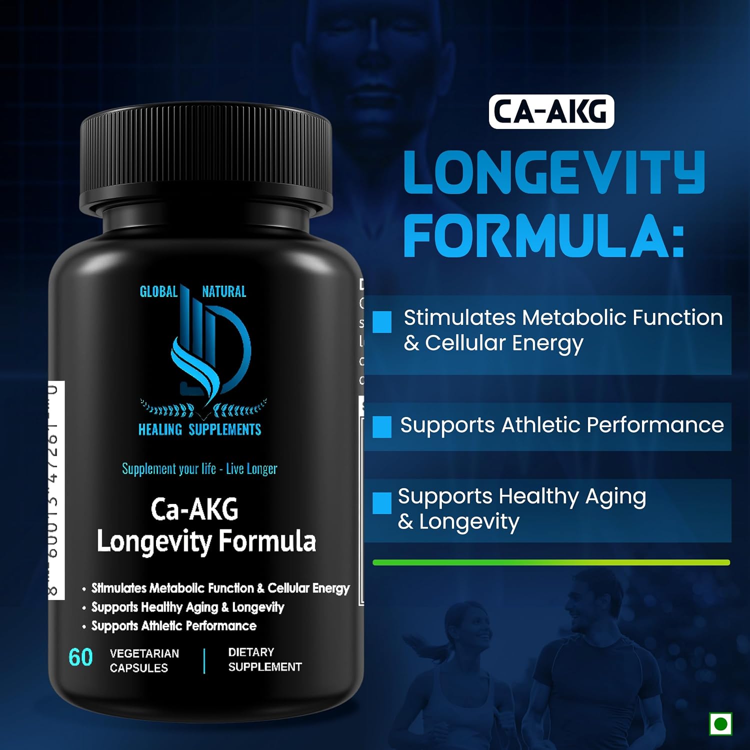 Global Natural Healing Supplements Ca-AKG Alfa-cetoglutarato de Calcio, 1000 mg, 60 Cápsulas Veganas