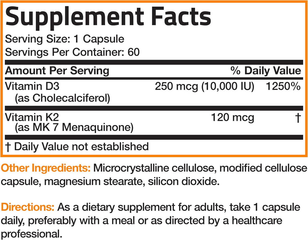 Bronson Vitamina K2 (MK-7) con D3 Extra Strength - 10.000 UI D3 + 120 mcg MK-7, 60 cápsulas