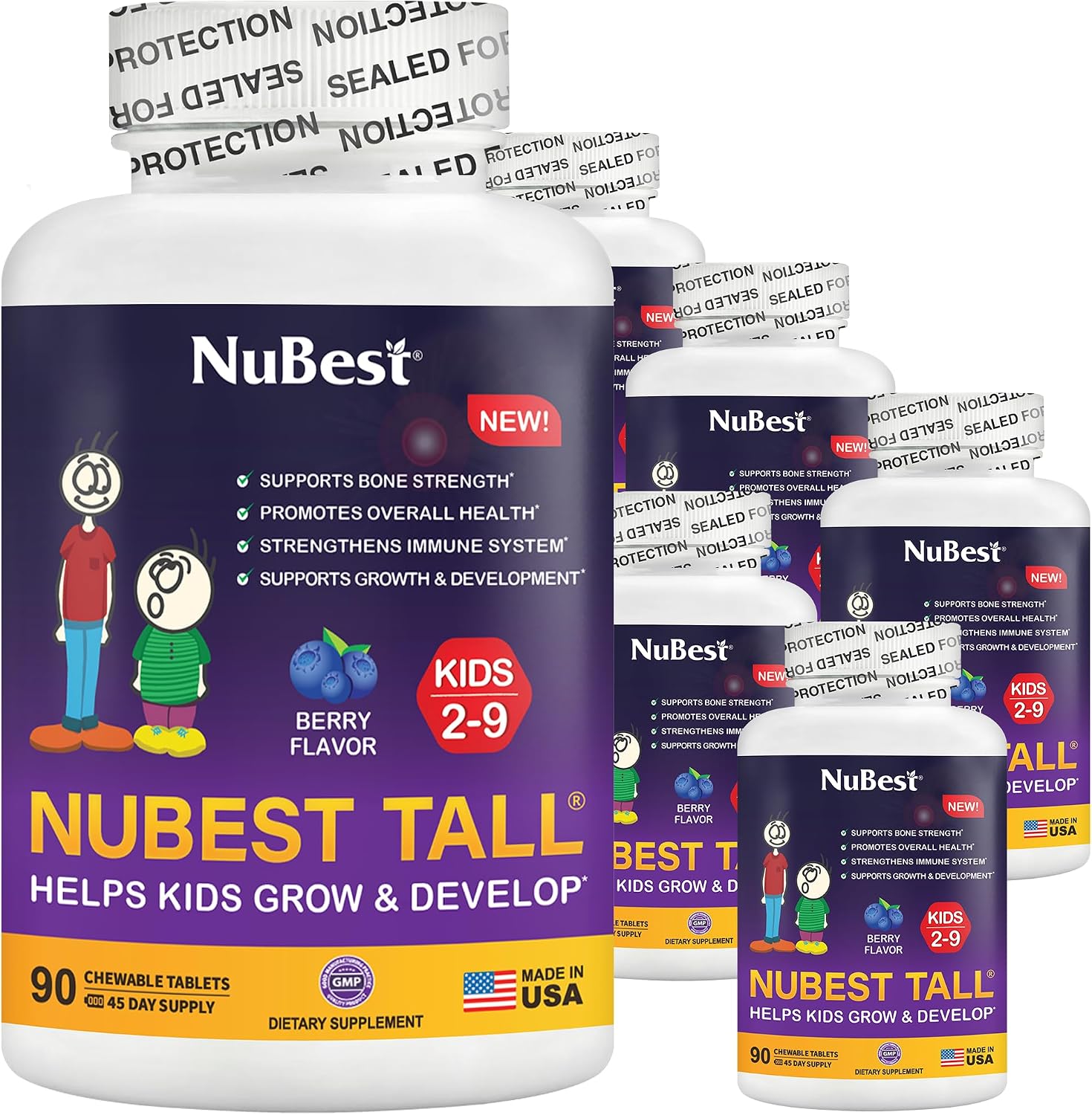 NuBest Tall Kids - Vitaminas masticables para niños de 2 a 9 años - Apoya la fortaleza ósea, salud general e inmunidad - 90 comprimidos sabor baya - Sin azúcar