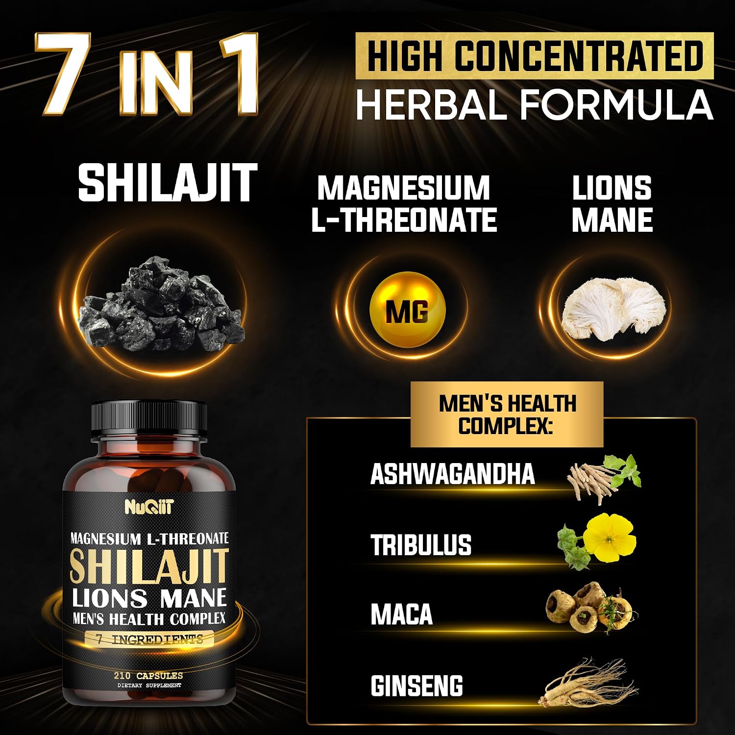 Magnesio con Lion's Mane, Shilajit, Ashwagandha, Raíz de Maca y Complejo de Salud Masculina - 210 Cápsulas