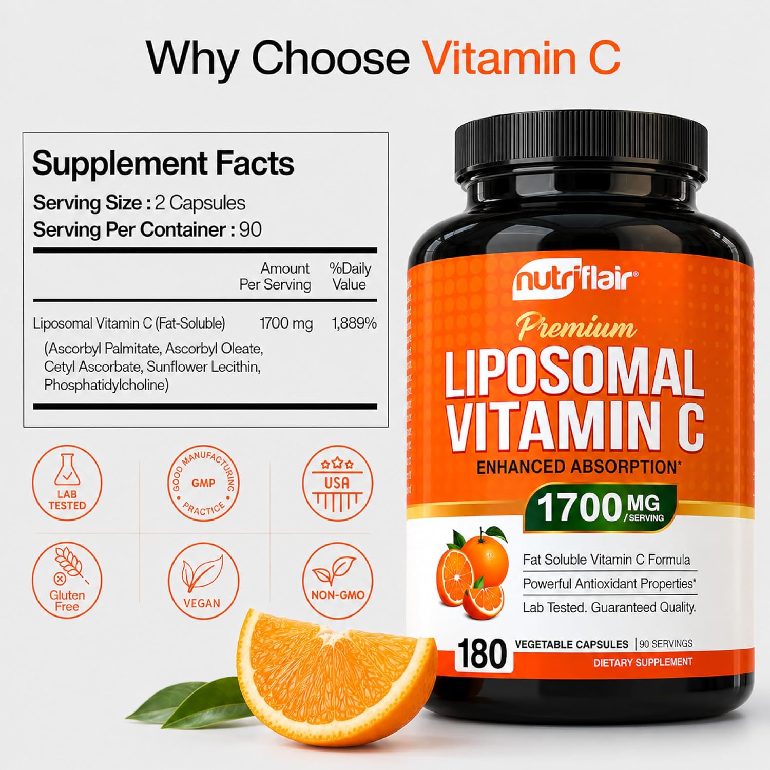 NutriFlair Vitamina C Liposomal 1700 mg, 180 Cápsulas - Alta Absorción
