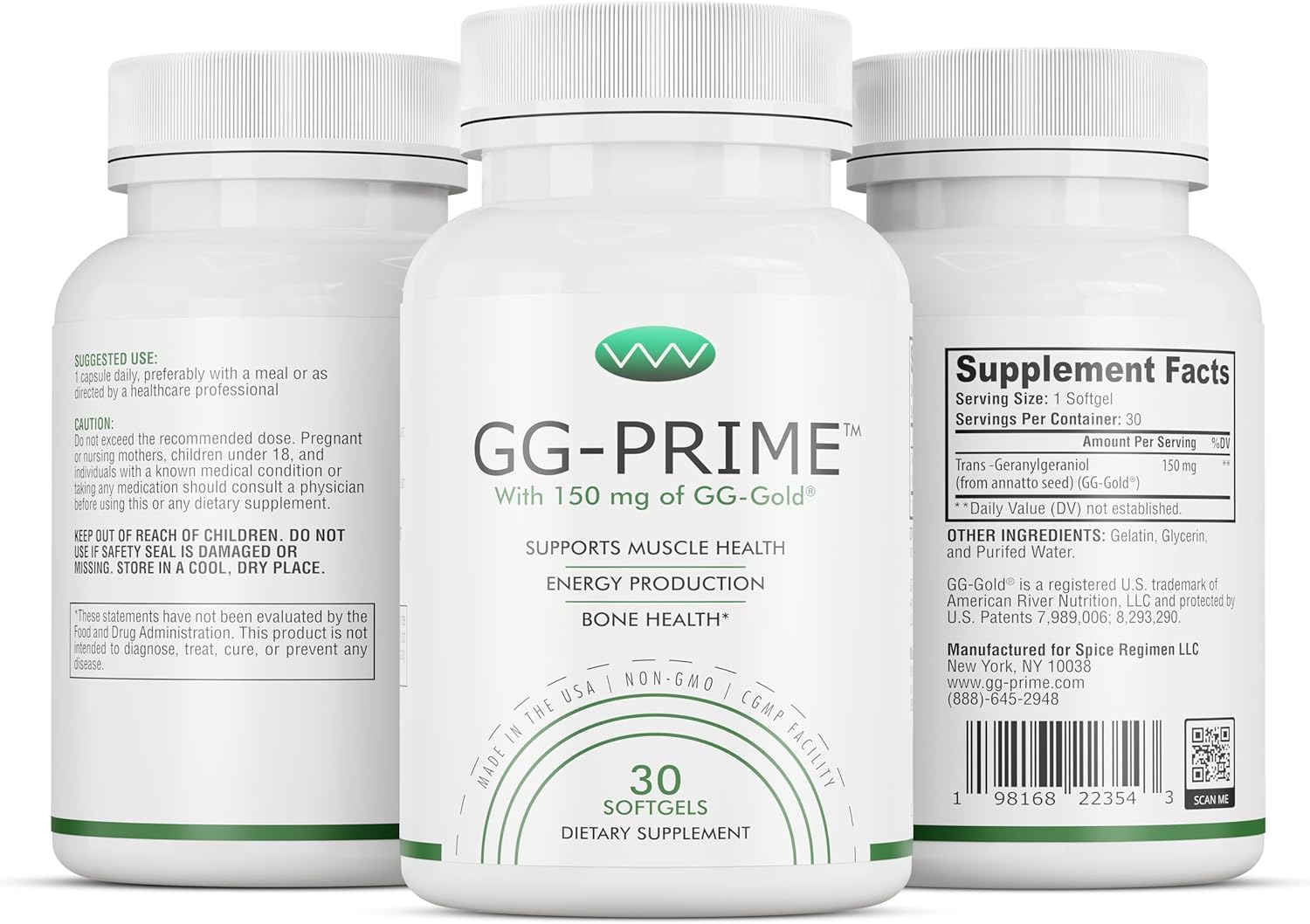 GG-Prime™ Geranylgeraniol 150 mg – GG-Gold® de Annatto – Apoya la producción de CoQ10, salud muscular y ósea – 30 cápsulas blandas