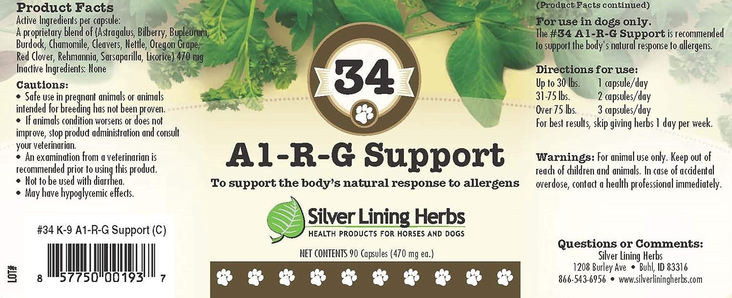 Silver Lining Herbs 34 Canine Al-R-G - Suplemento Herbal para Alergias en Perros - 90 Cápsulas