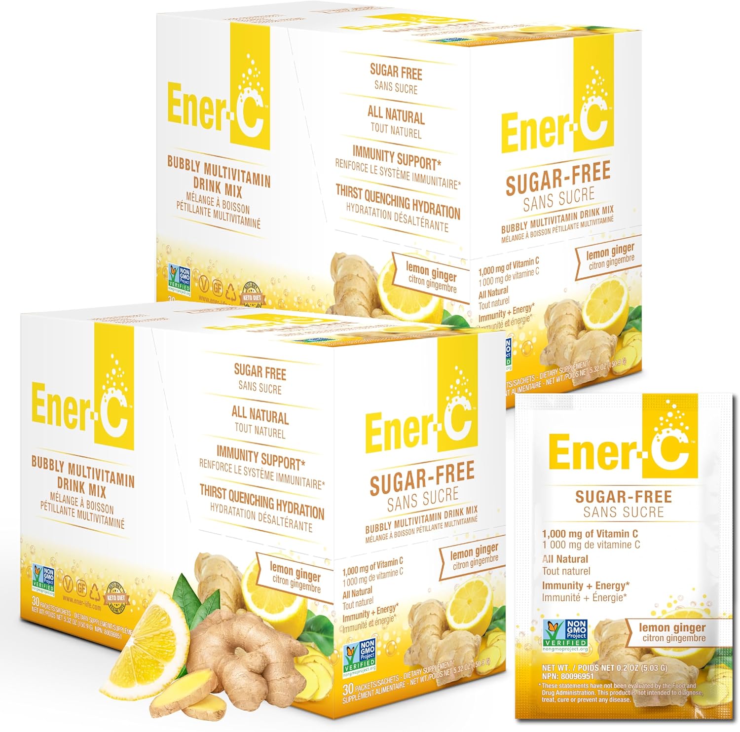 Ener-C Sin Azúcar Multivitamínico en Polvo - Sabor Jengibre Limón, 60 sobres