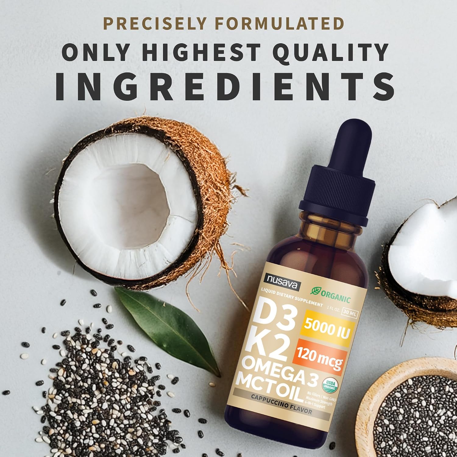 Organic Vitamin D3 K2 Drops with MCT Oil & Omega 3 - 2 Pack (Cappuccino)