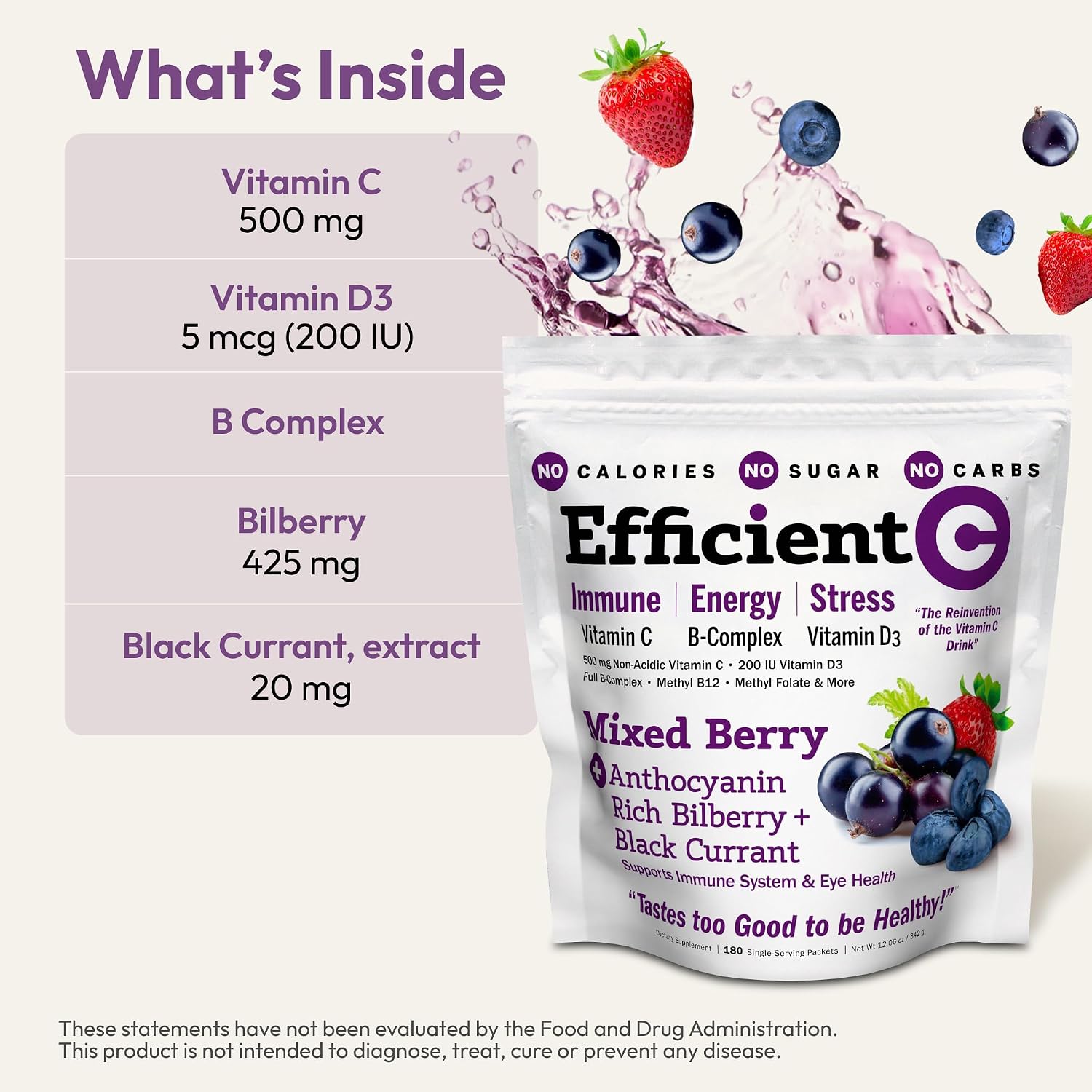 ANDREW LESSMAN Efficient C Mixed Berry 180 Sobres – Reinvención de la Bebida de Vitamina C. Apoyo Inmunológico, Energía, Estrés y Salud Ocular. Sin Calorías, Sin Azúcar, Sin Carbohidratos. Fácil de Mezclar.