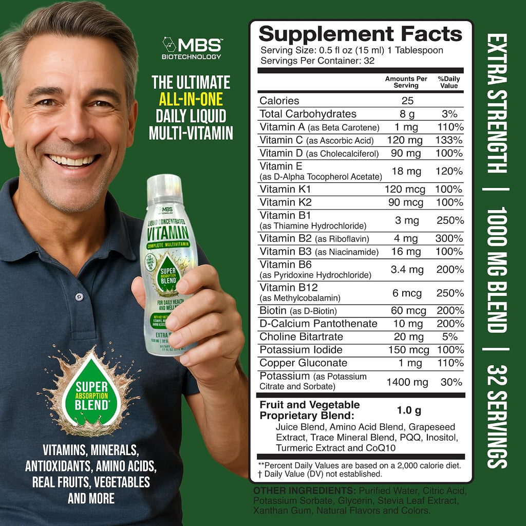 MBS Biotechnology Multivitamínico Líquido para Adultos – Complejo Diario con Superalimentos, CoQ10, Complejo B, Cúrcuma y PQQ – Sabor Berry, 500 ml