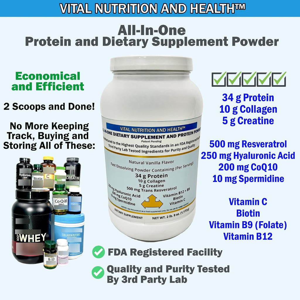 Vital Nutrition and Health Polvo All-in-One: Proteína, Colágeno, Creatina, Resveratrol, Espermidina, Ácido Hialurónico, CoQ10 + Vitaminas Clave