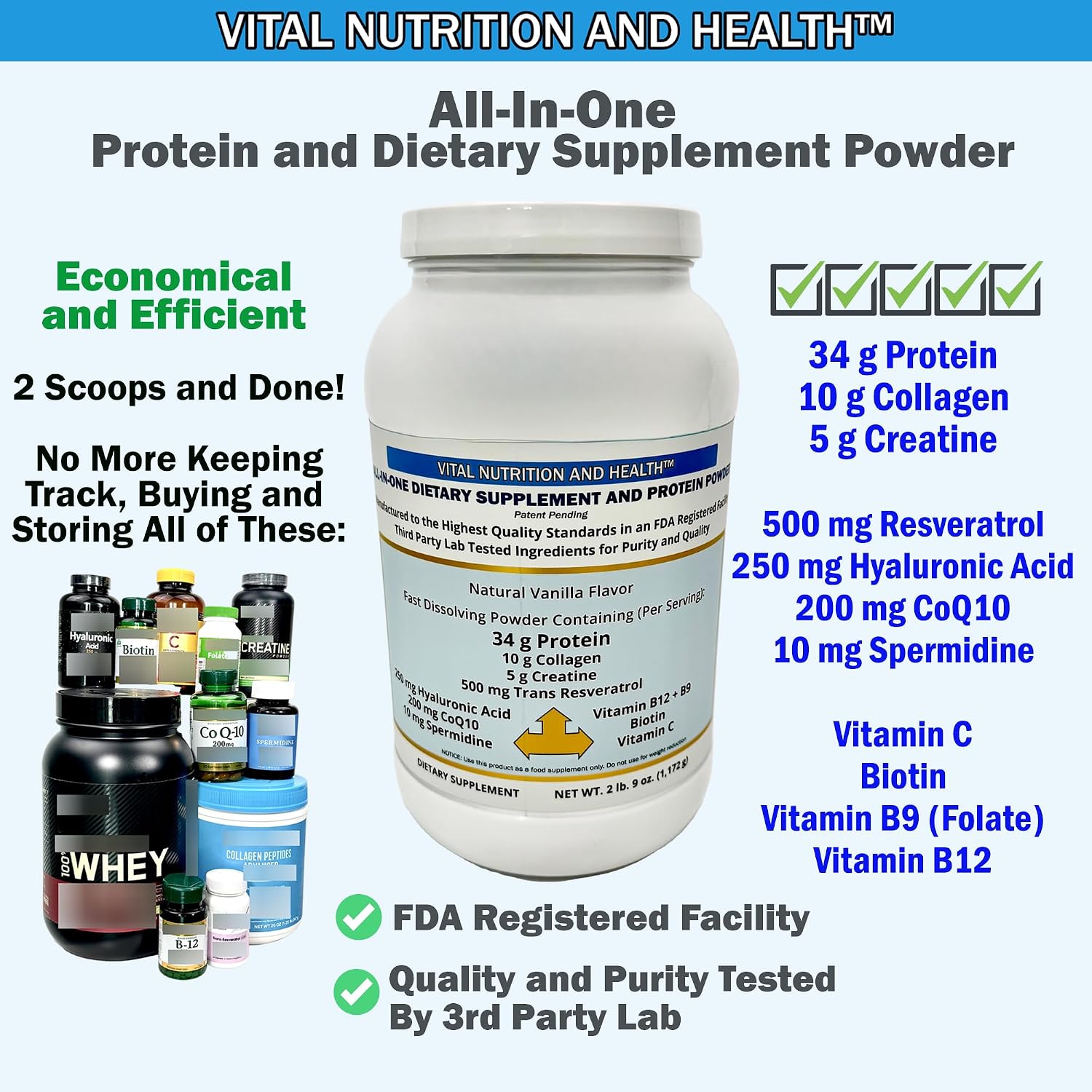 Vital Nutrition and Health Polvo All-in-One: Proteína, Colágeno, Creatina, Resveratrol, Espermidina, Ácido Hialurónico, CoQ10 + Vitaminas Clave