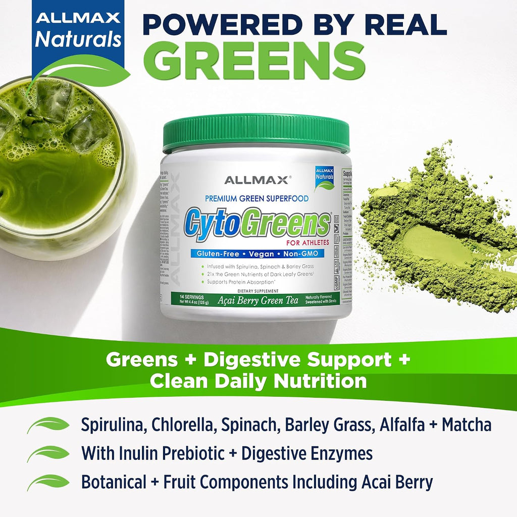 ALLMAX CytoGreens Super Greens Powder, Acai Berry Green Tea, 14 Servicios