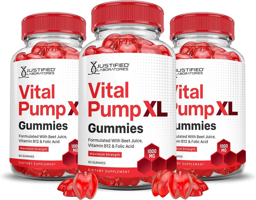 Justified Laboratories (Pack de 3) Vital Pump XL Performance Gummies 1000mg - Fórmula Avanzada con Remolacha, Vinagre de Manzana, Vitamina B12 y Ácido Fólico - Vegano, Sin OGM - 180 Gominolas