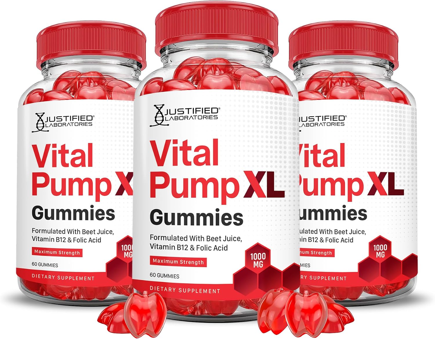 Justified Laboratories (Pack de 3) Vital Pump XL Performance Gummies 1000mg - Fórmula Avanzada con Remolacha, Vinagre de Manzana, Vitamina B12 y Ácido Fólico - Vegano, Sin OGM - 180 Gominolas