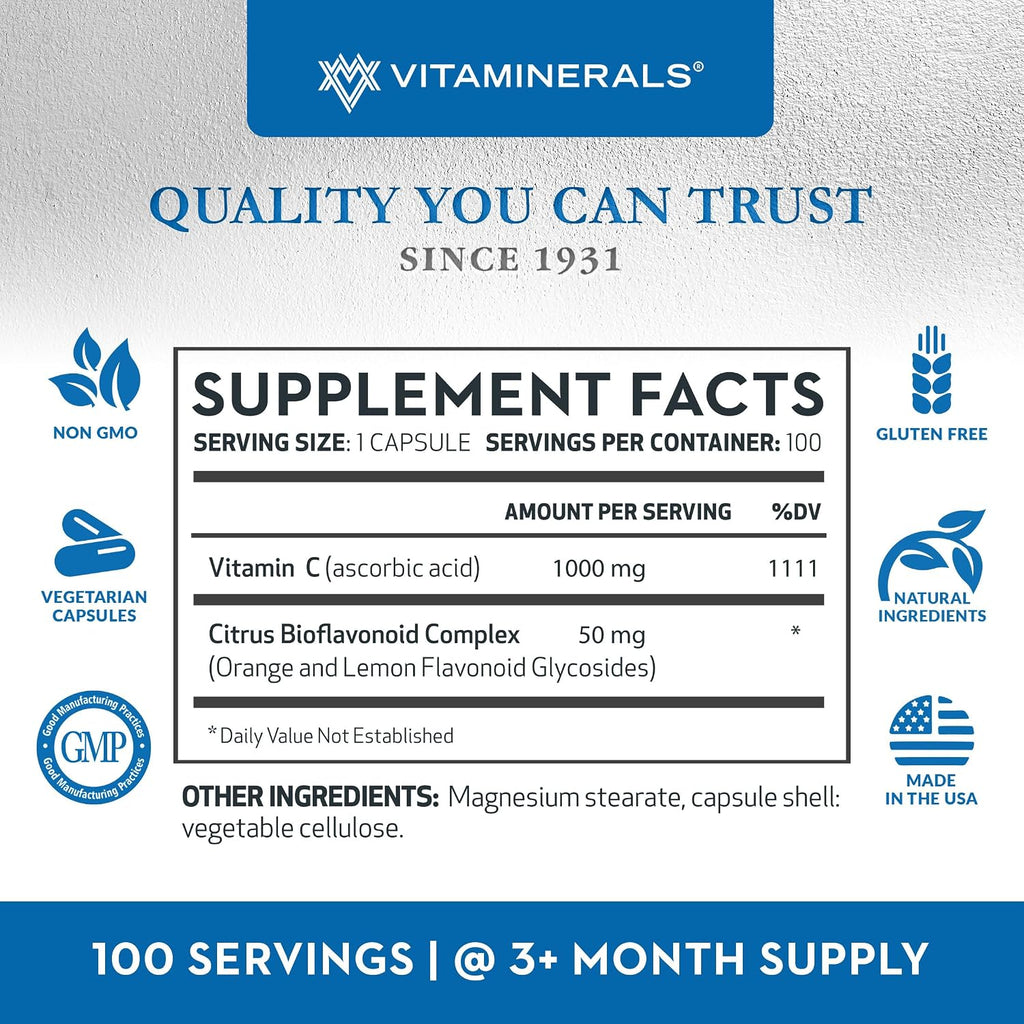 Vitaminerals C-MAX | Vitamina C 1000 mg con Bioflavonoides Cítricos | 100 Cápsulas Vegetales