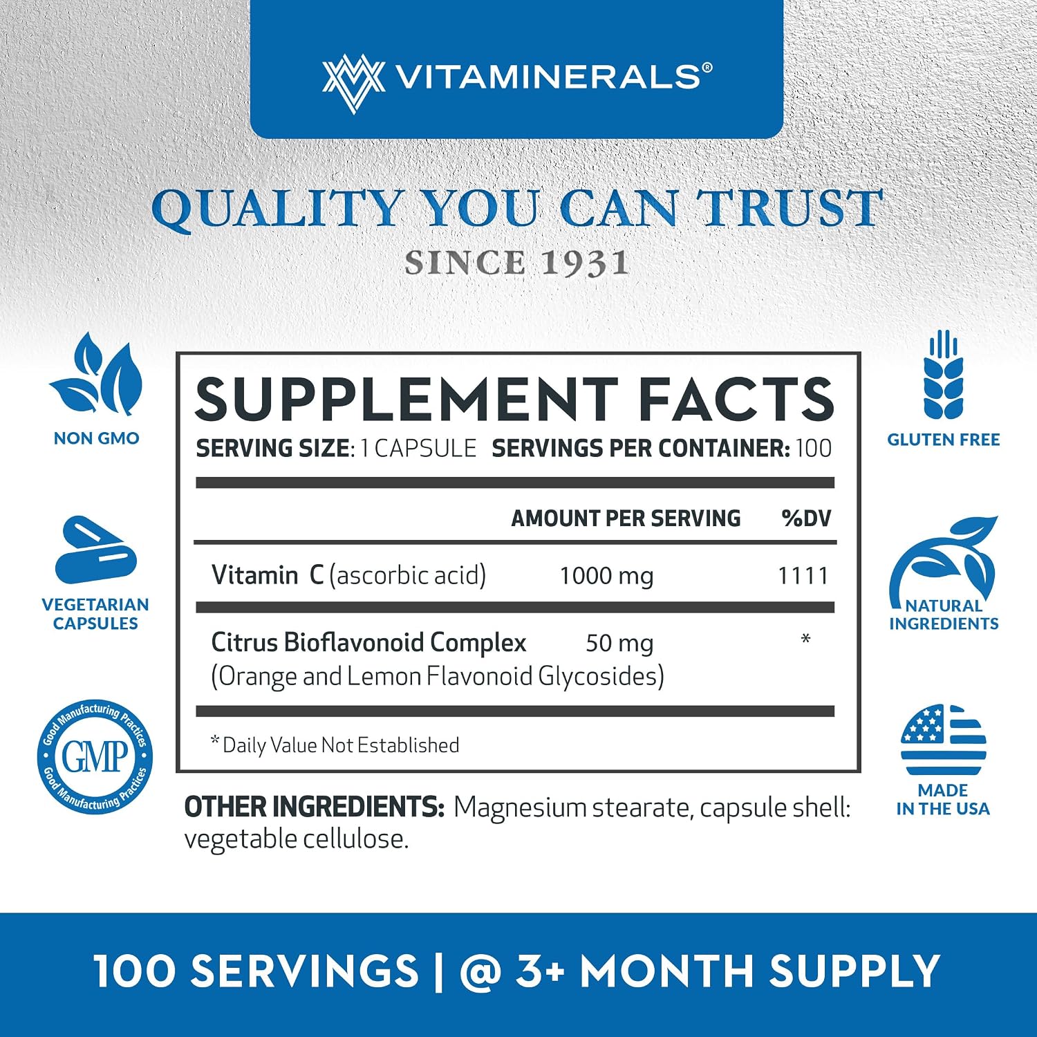 Vitaminerals C-MAX | Vitamina C 1000 mg con Bioflavonoides Cítricos | 100 Cápsulas Vegetales
