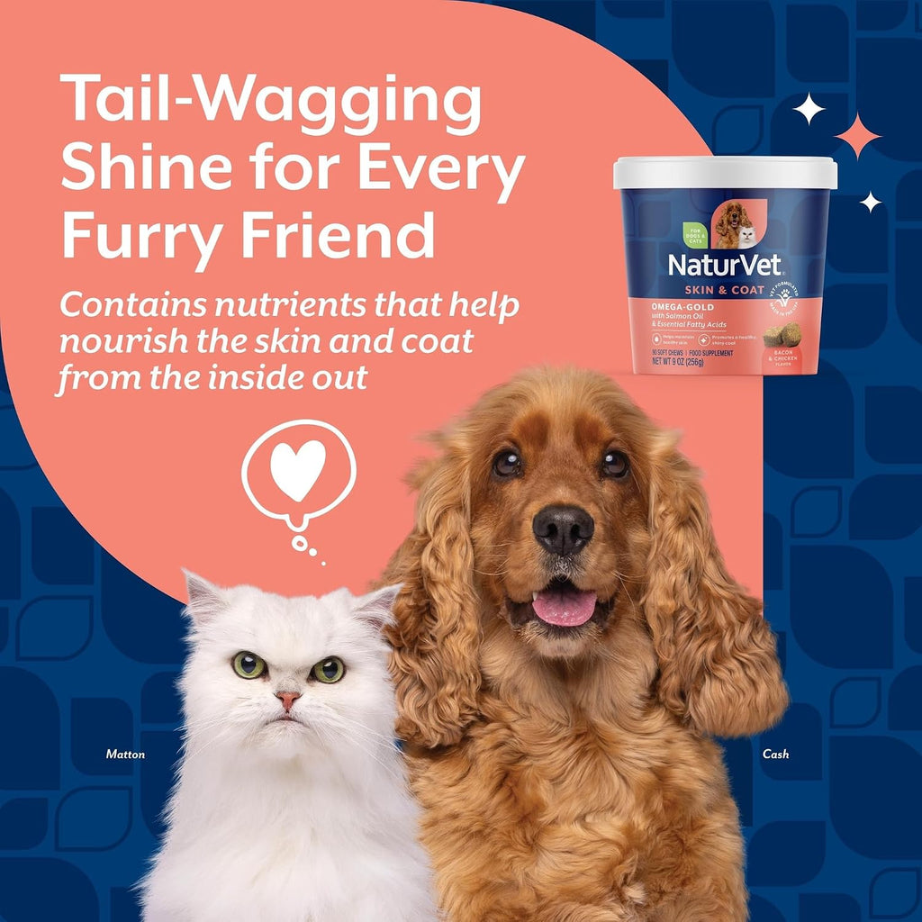 NaturVet – Omega-Gold Plus Aceite de Salmón | Apoya la Piel Saludable y el Pelaje Brillante | Enriquecido con DHA, EPA, Omega-3 y Omega-6 | Para Perros y Gatos | 90 Masticables Blandos