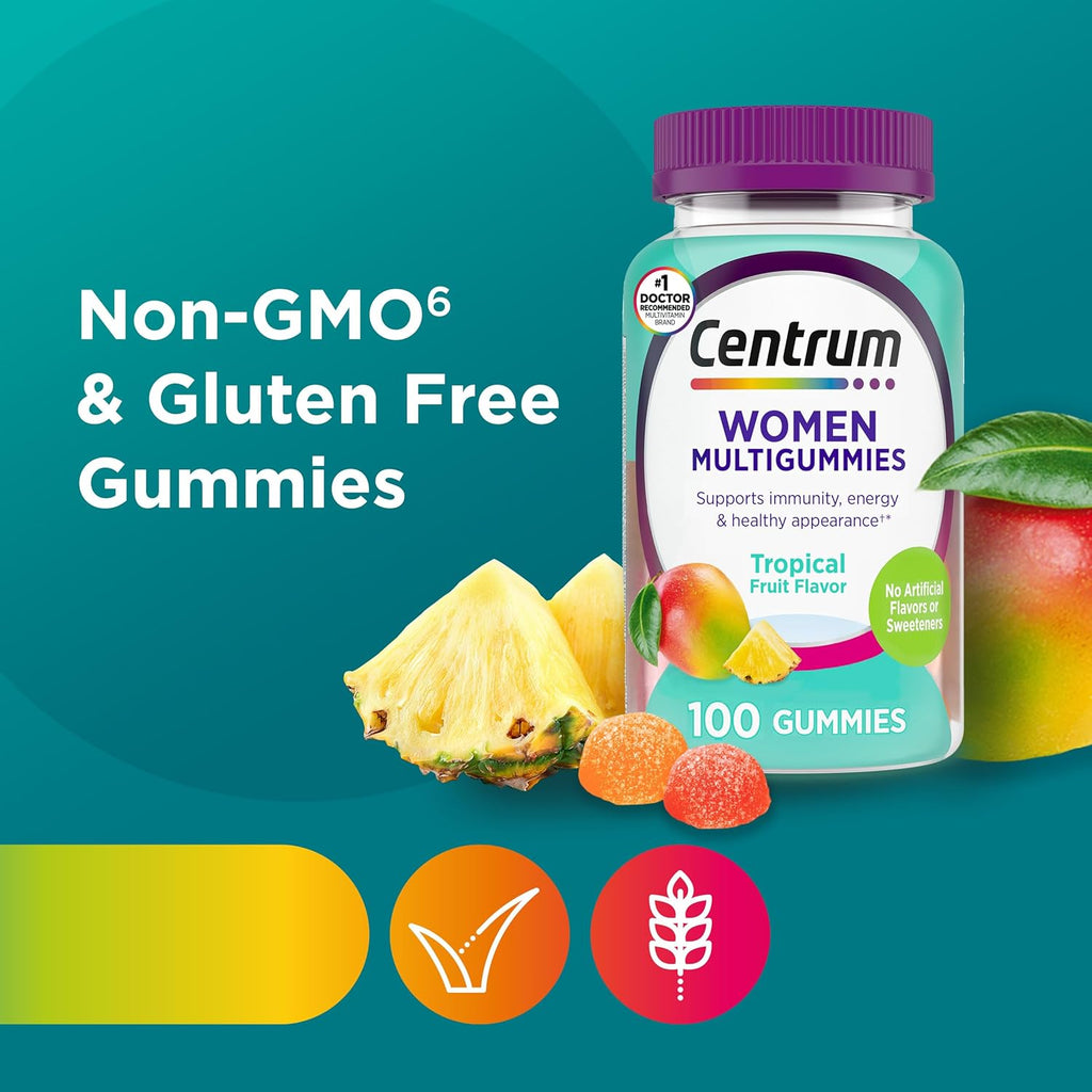 Centrum Multivitamínico Gominolas para Mujeres, Apoyo Inmunológico, Energía y Aspecto Saludable, 100 Gominolas (50 Días)