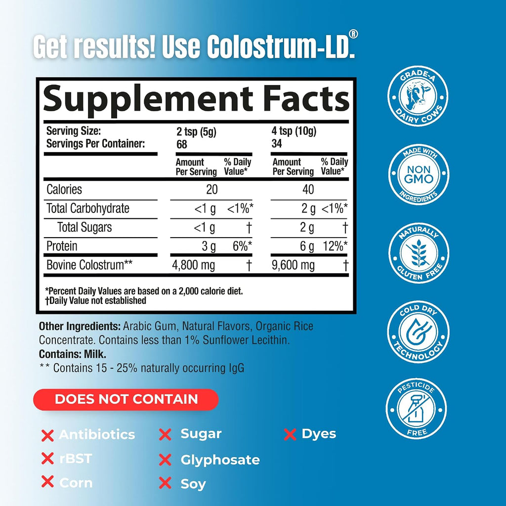 Colostrum-LD Powder | Sin Sabor | Entrega Liposomal, Máxima Absorción | 340 g (12 oz) - 68 Porciones
